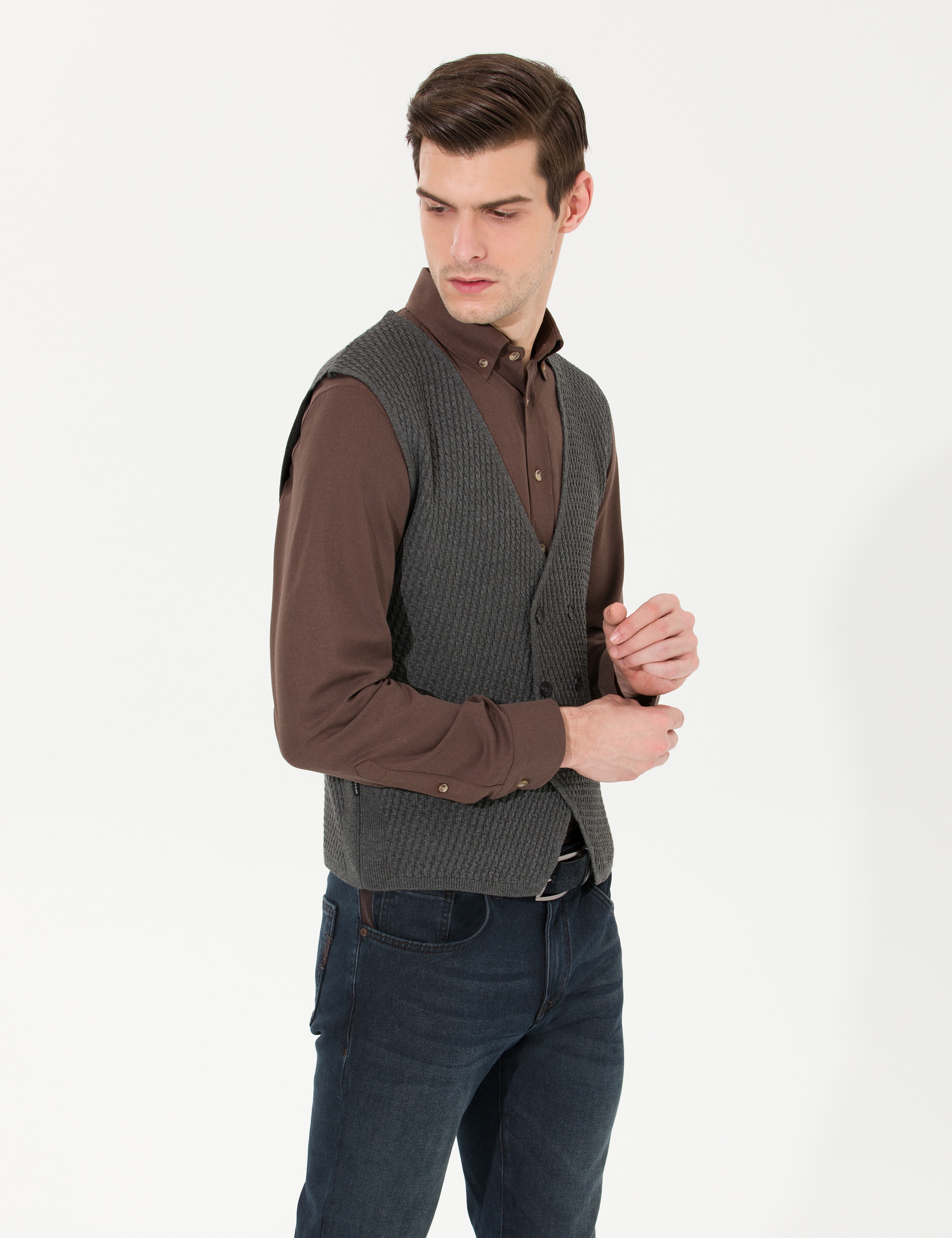 Gri Melanj Slim Fit V Yaka Triko Yelek - Image 4