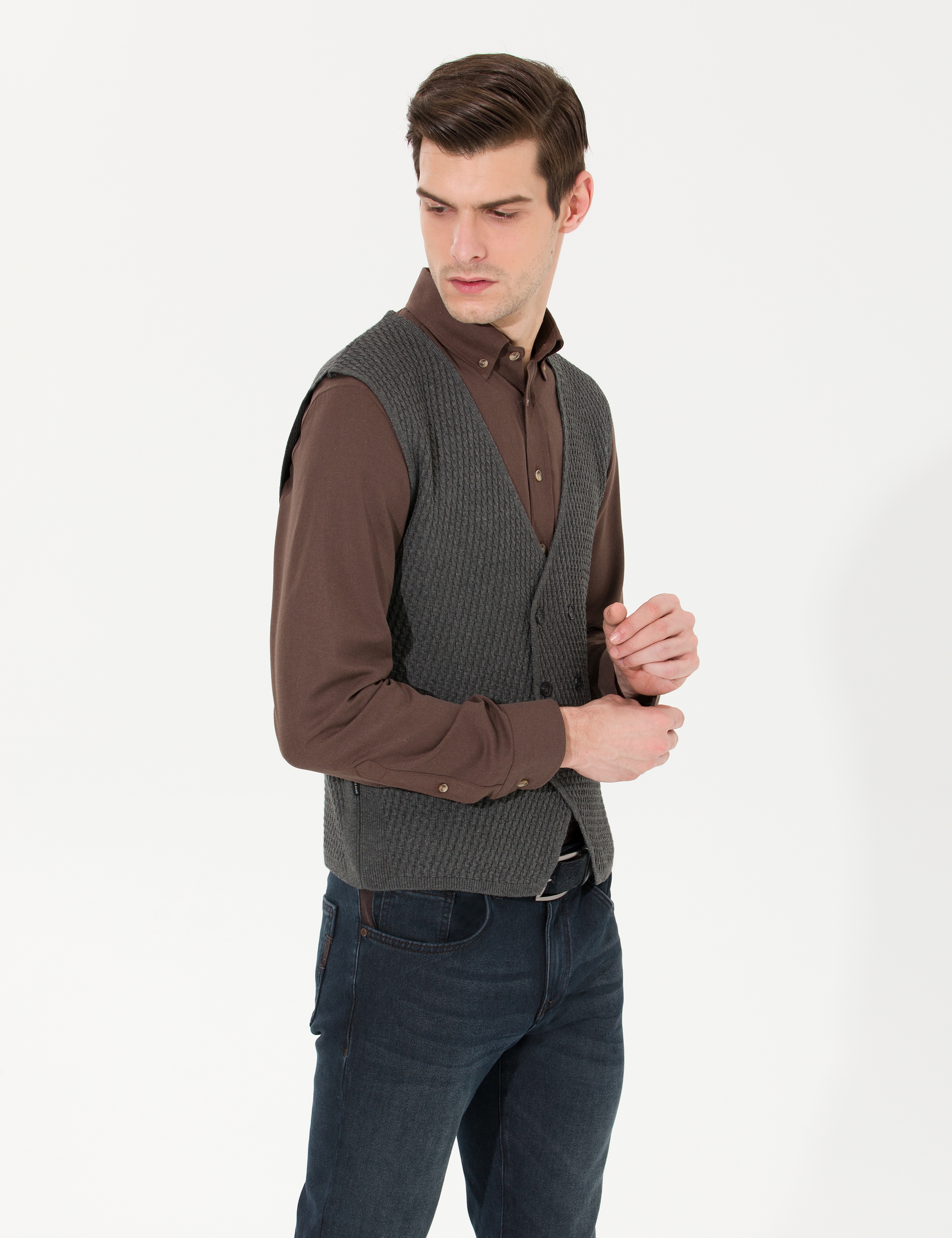 Gri Melanj Slim Fit V Yaka Triko Yelek