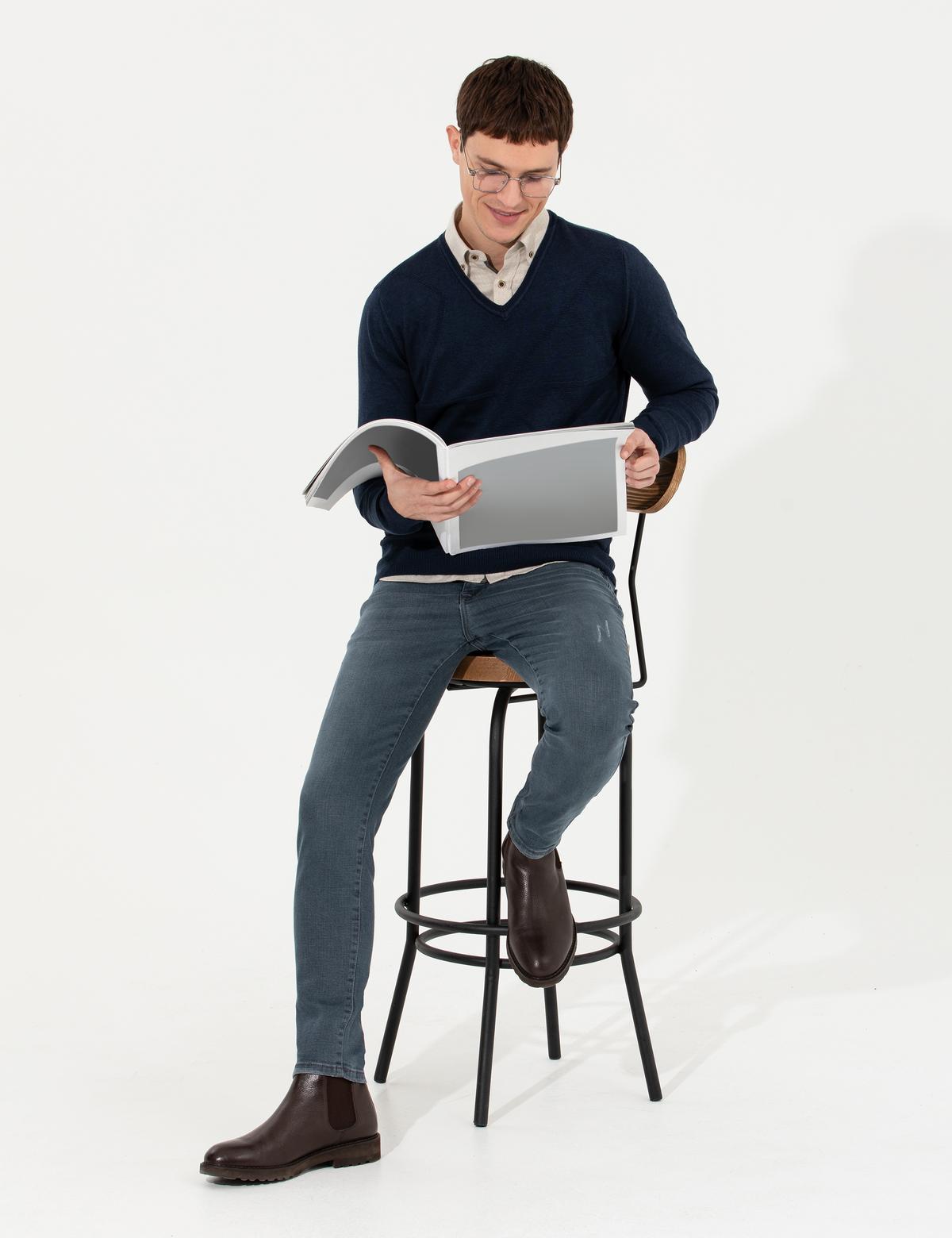 Lacivert Slim Fit V Yaka Triko Kazak