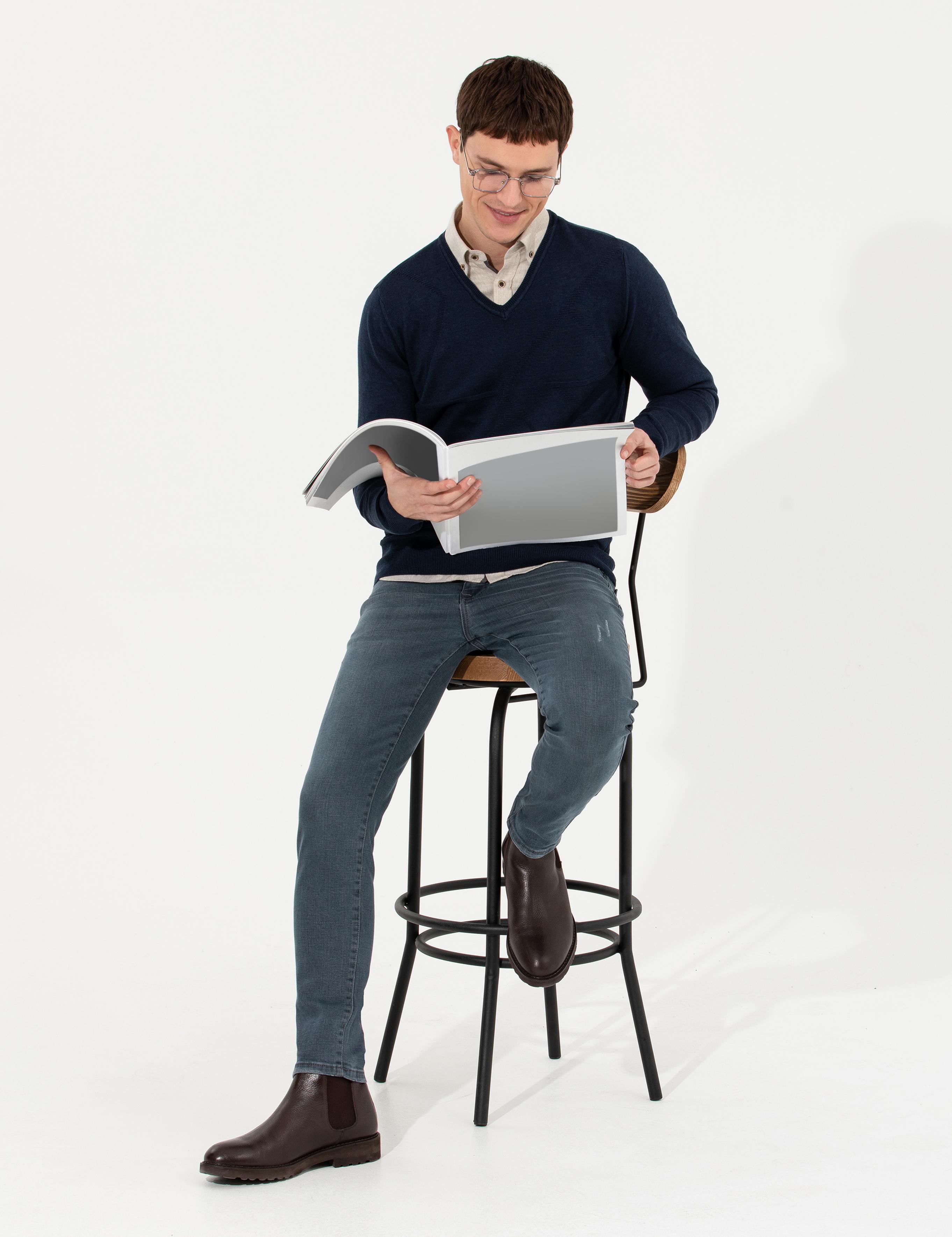 Lacivert Slim Fit V Yaka Triko Kazak