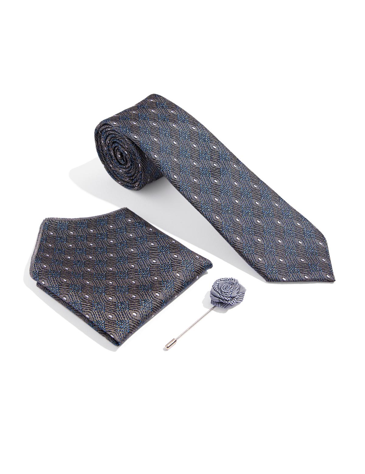 Mavi 3'lü Kravat-Mendil-Kravat İğnesi Set