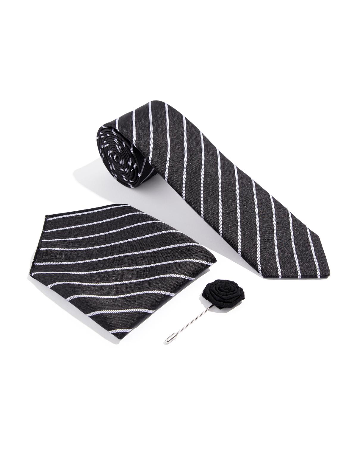Siyah 3'lü Kravat-Mendil-Kravat İğnesi Set