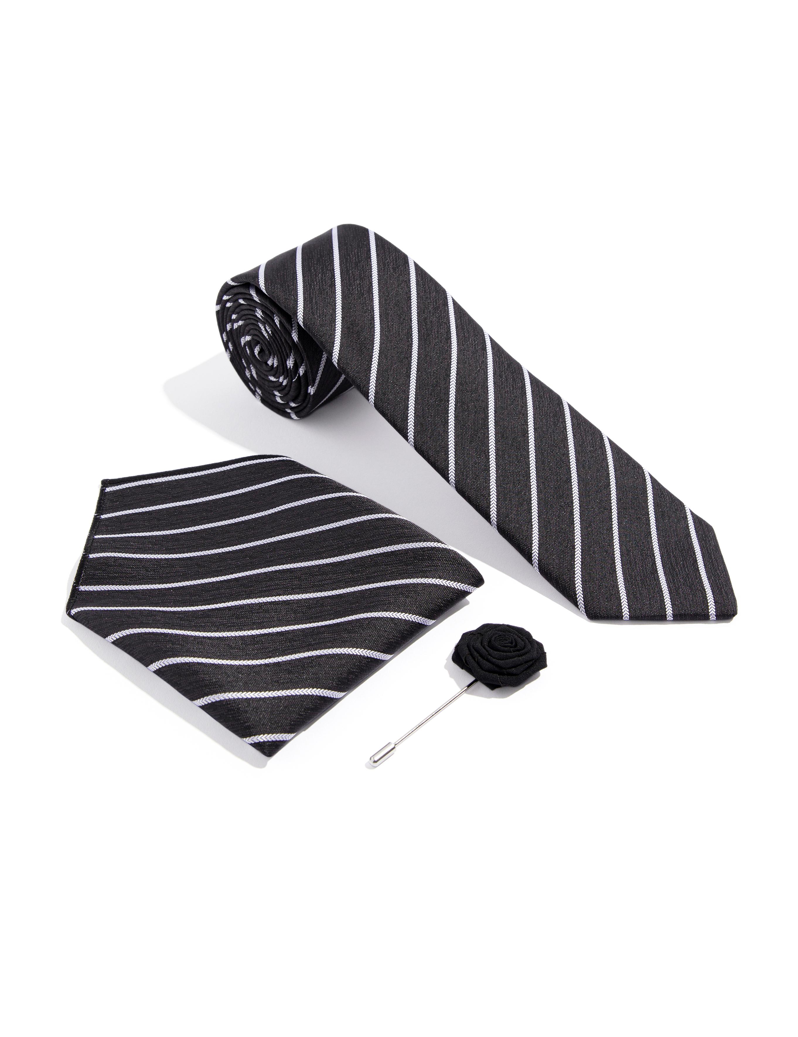 Siyah 3'lü Kravat-Mendil-Kravat İğnesi Set