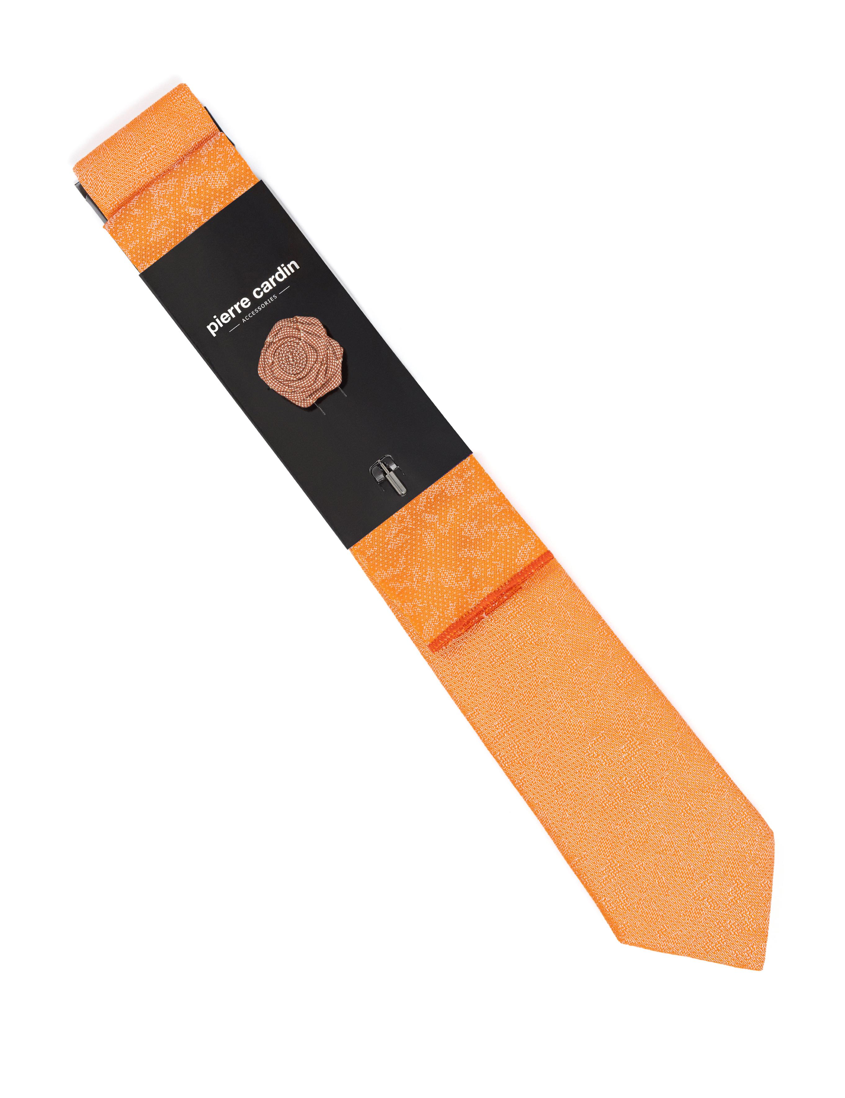 Turuncu 3'lü Kravat-Mendil-Kravat İğnesi Set