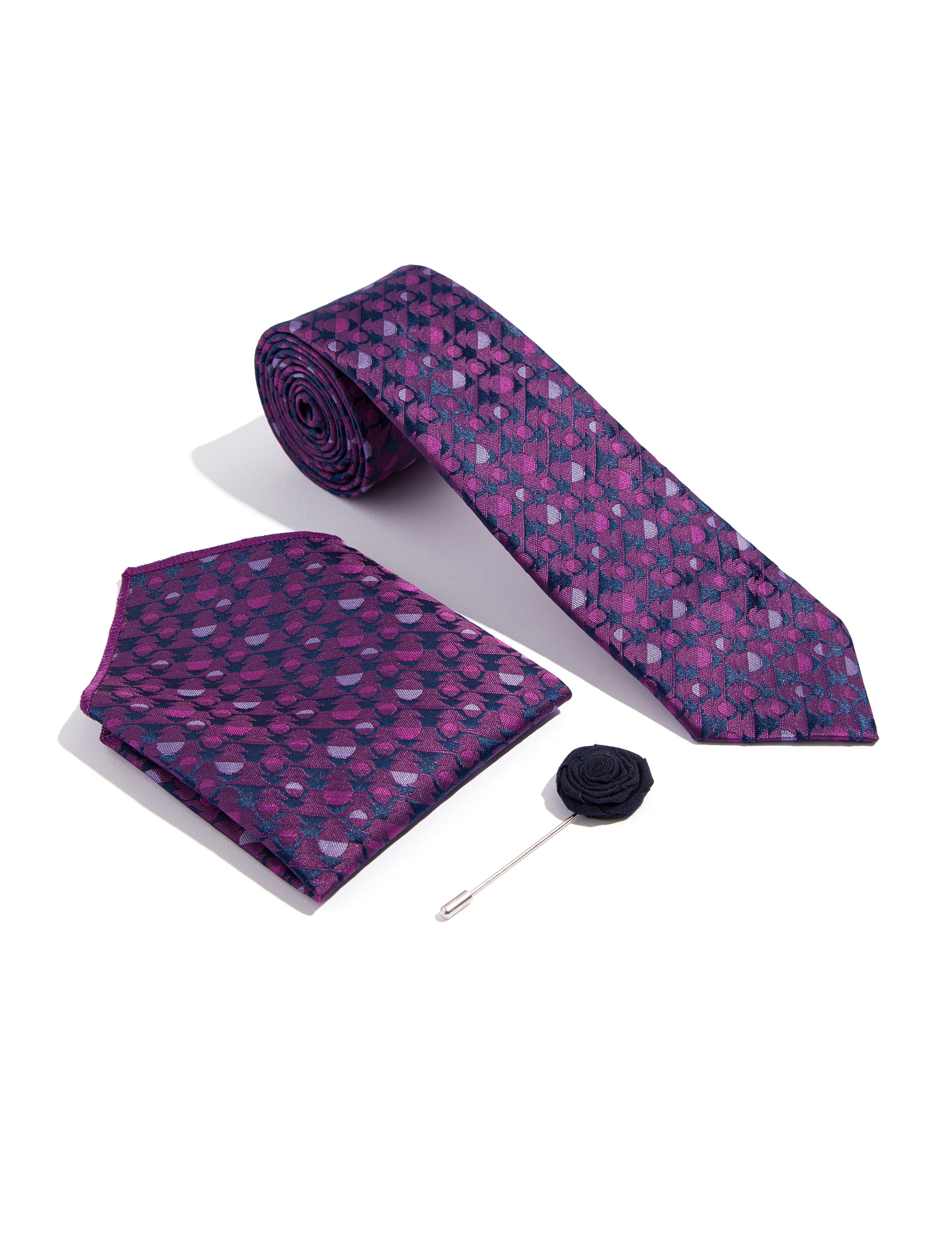 Mor 3'lü Kravat-Mendil-Kravat İğnesi Set