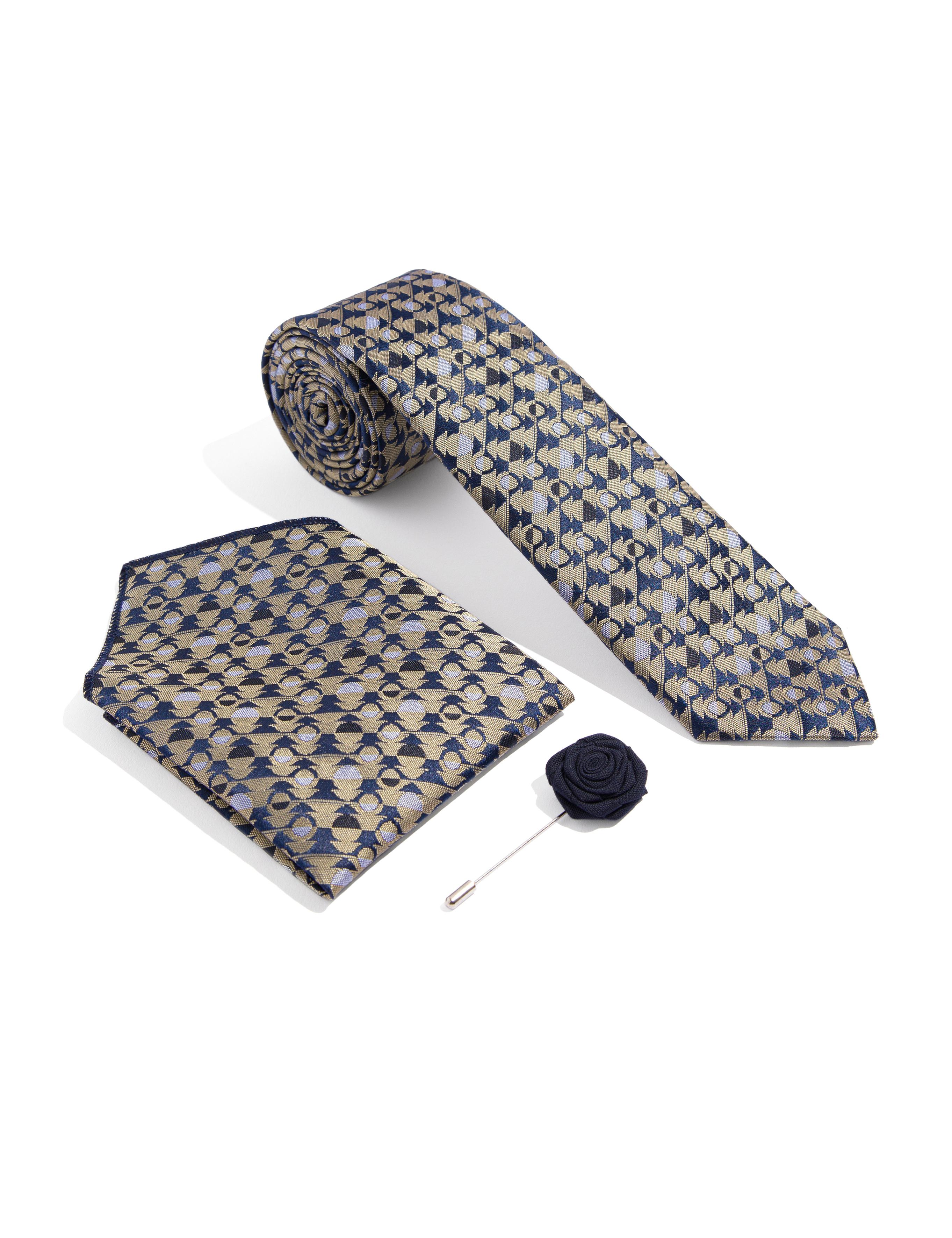 Bej 3'lü Kravat Mendil Set