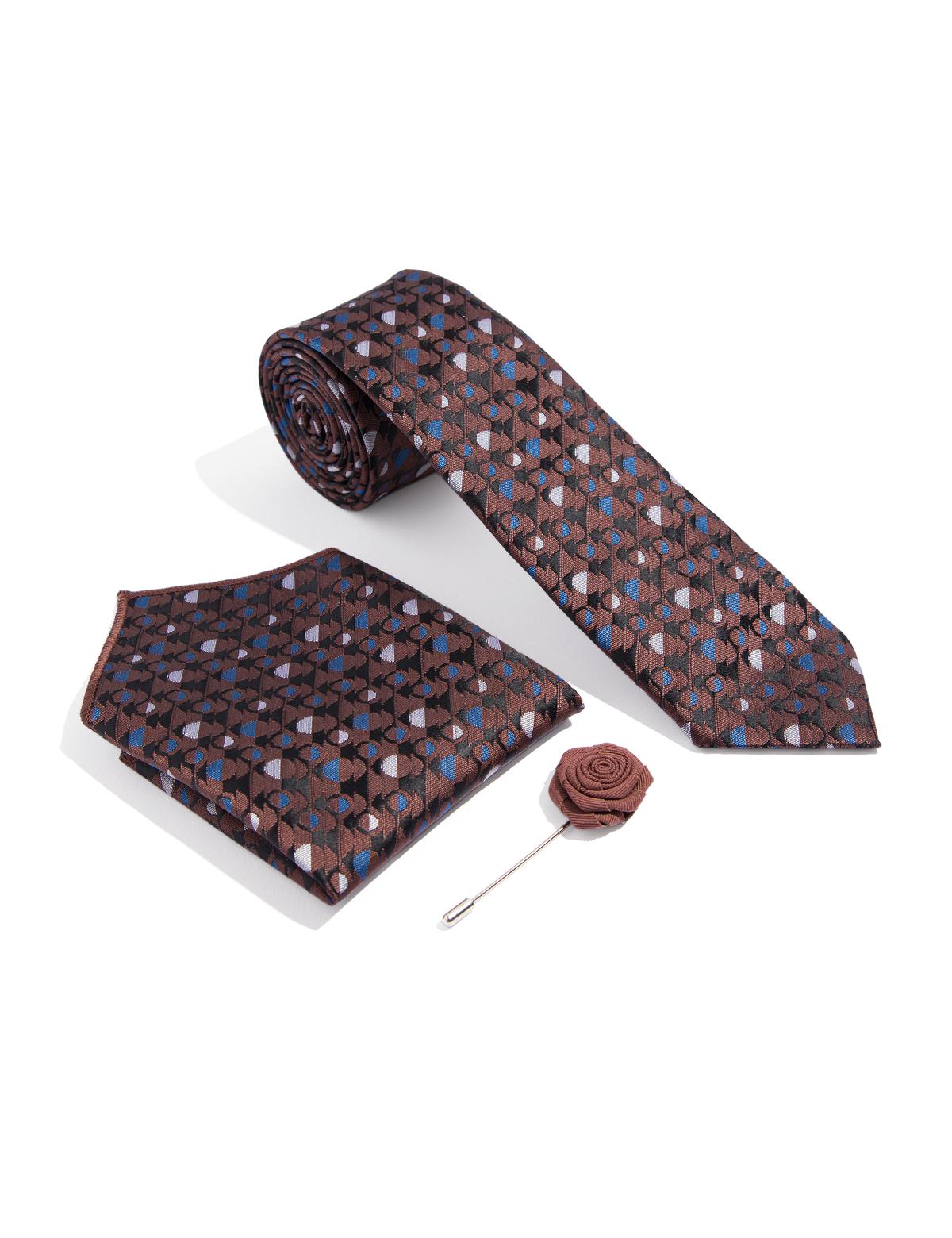 Kahverengi 3'lü Kravat-Mendil-Kravat İğnesi Set