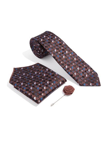 Kahverengi 3'lü Kravat-Mendil-Kravat İğnesi Set - 50270937003