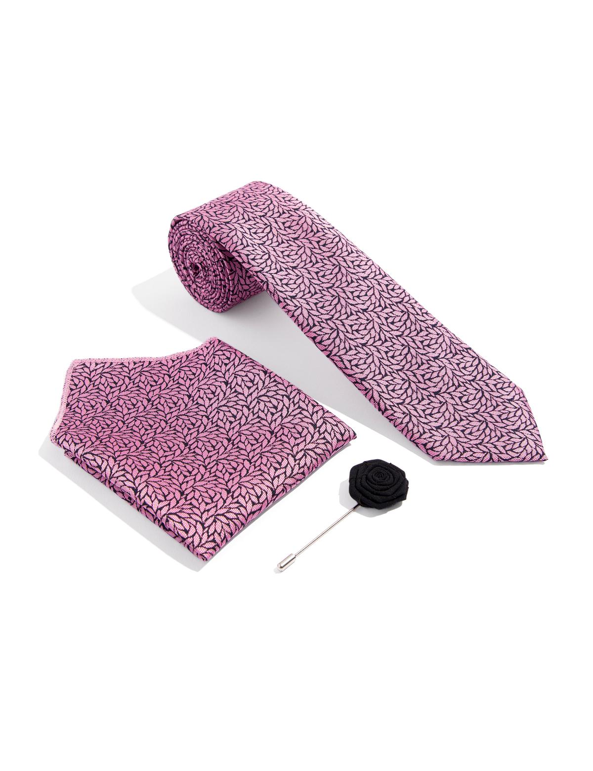 Pembe 3'lü Kravat-Mendil-Kravat İğnesi Set