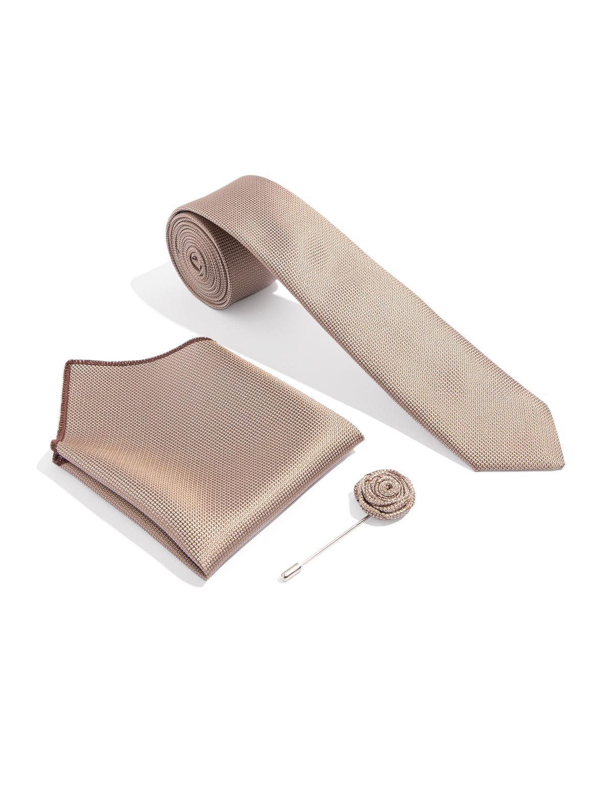 Bej 3'lü Kravat Mendil Set