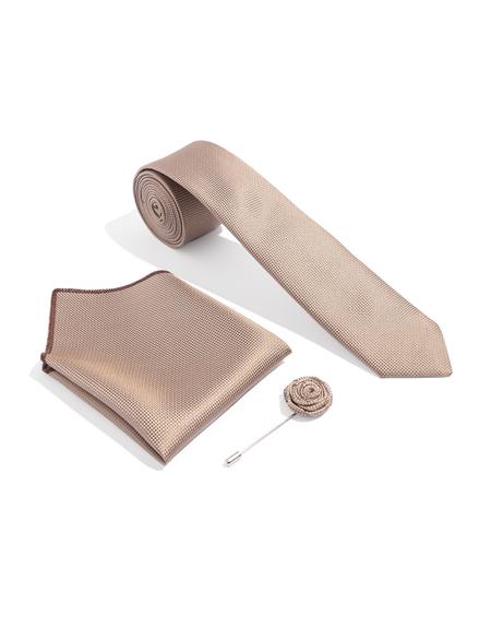 Bej 3'lü Kravat Mendil Set - 50272351004
