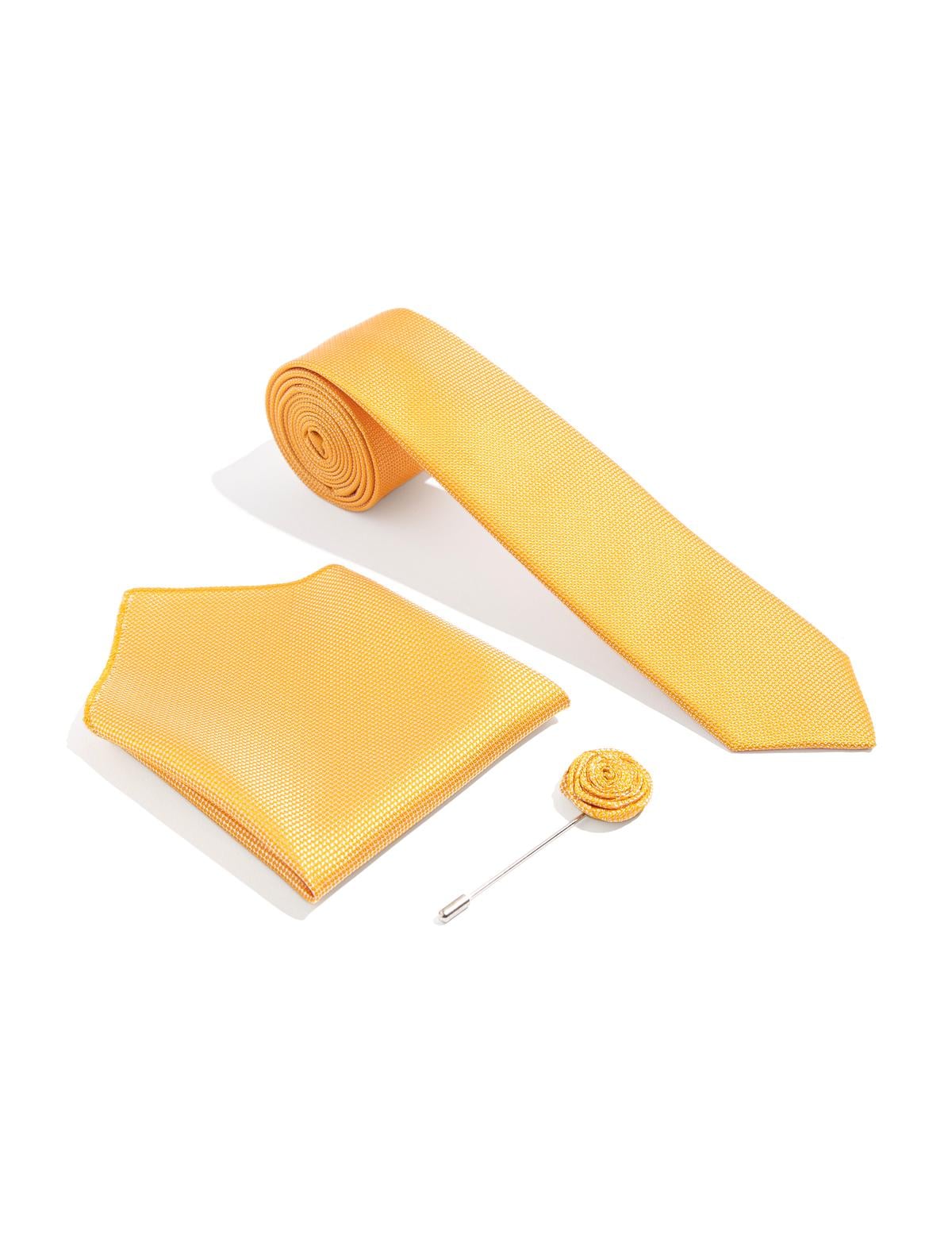 Sarı 3'lü Kravat-Mendil-Kravat İğnesi Set