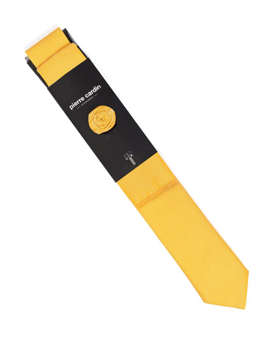 Sarı 3'lü Kravat-Mendil-Kravat İğnesi Set