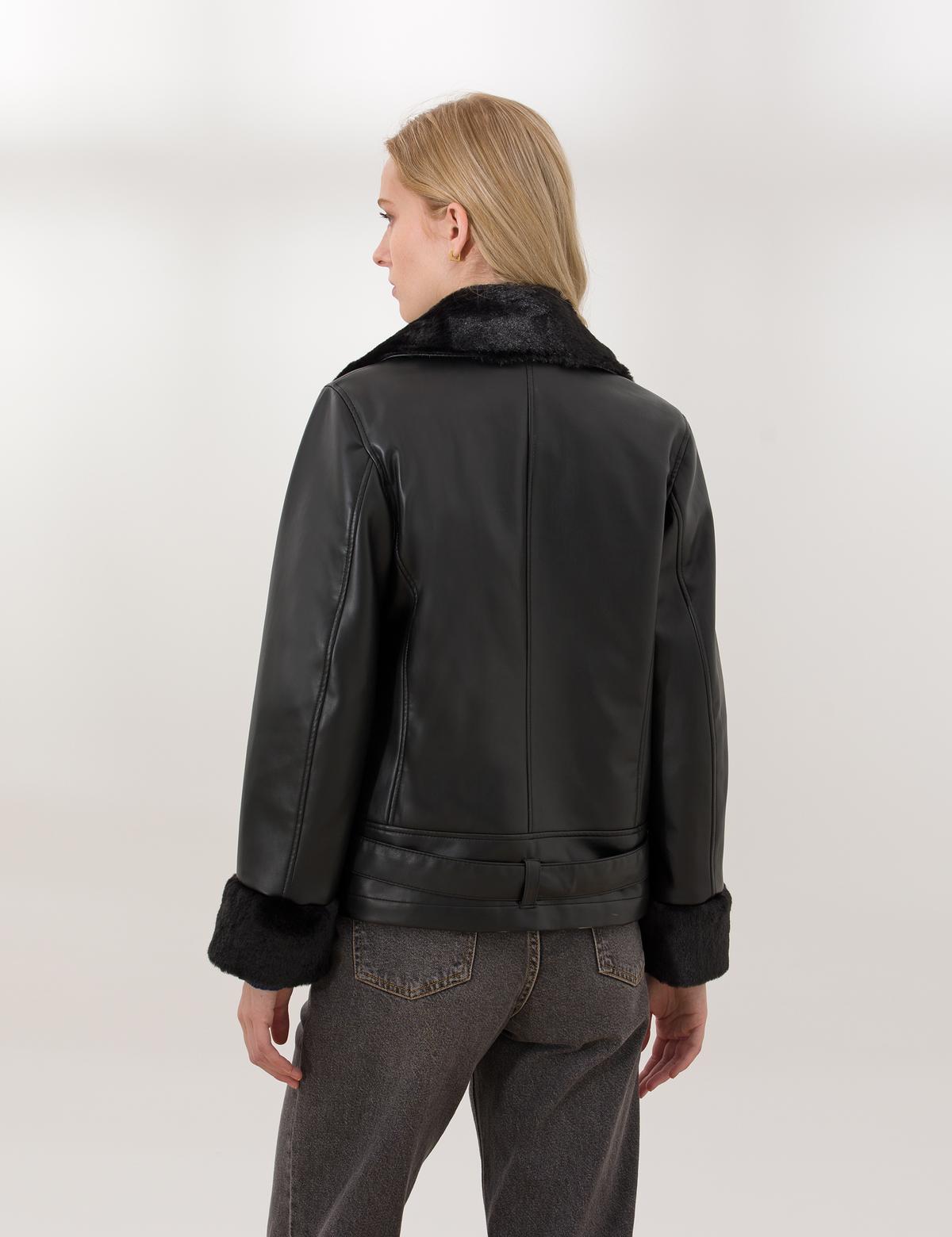 Siyah Crop Top Suni Deri Ceket - 50254300012