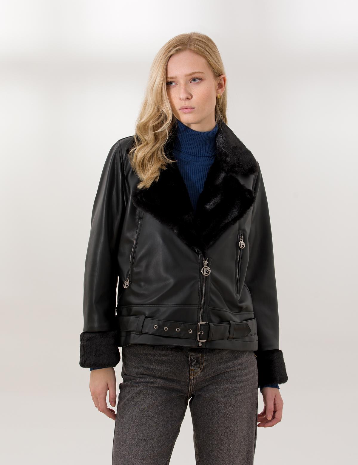 Siyah Crop Top Suni Deri Ceket - 50254300012