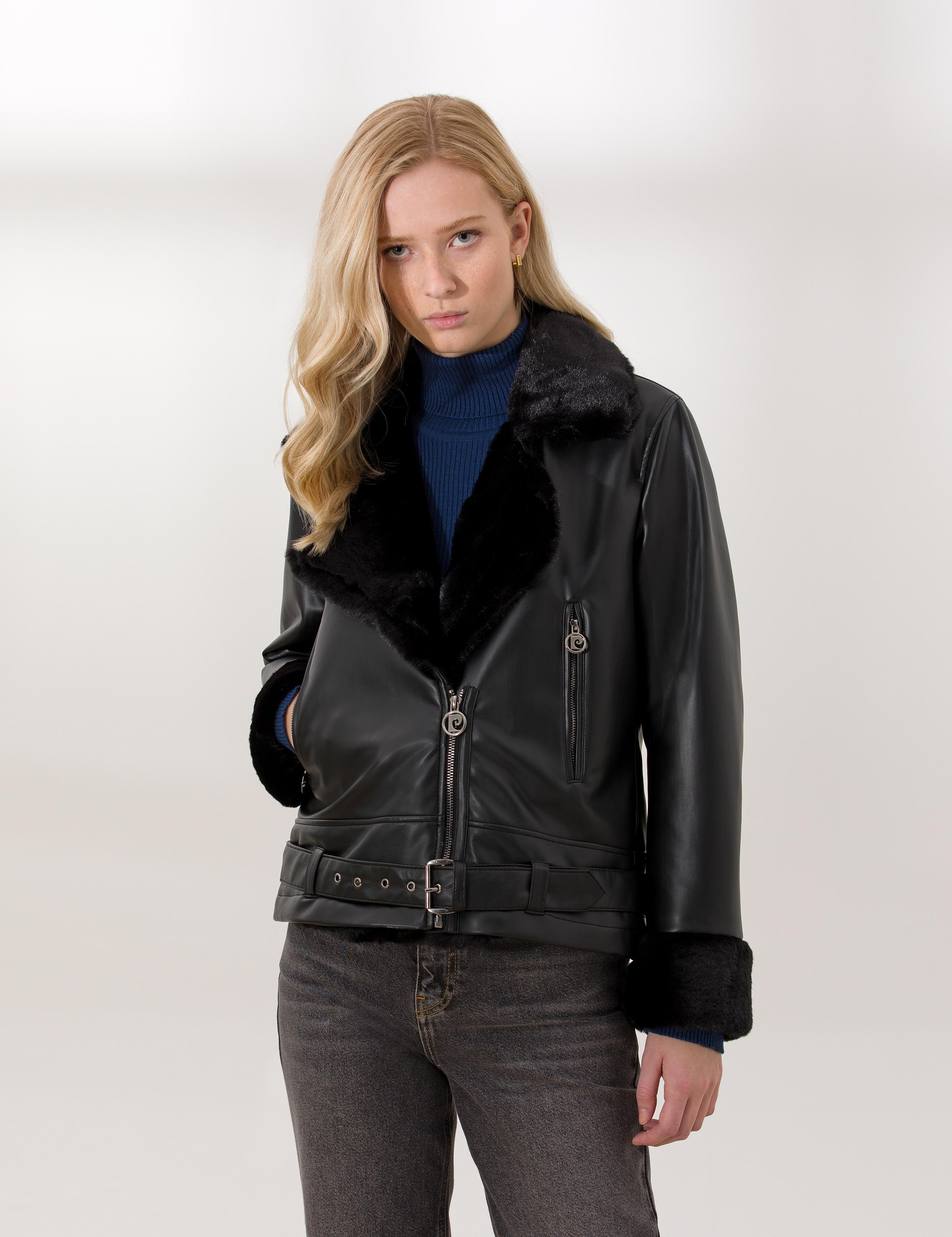 Siyah Crop Top Suni Deri Ceket | 50254300012 - Pierre Cardin