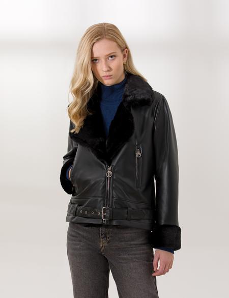 Siyah Crop Top Suni Deri Ceket - 50254300012