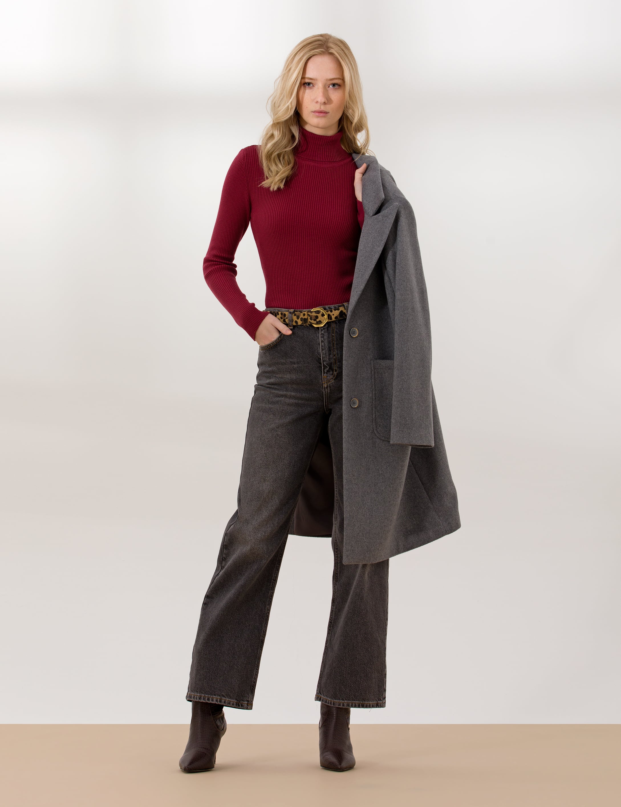 Bordo Slim Fit Basic Balıkçı Yaka Kazak