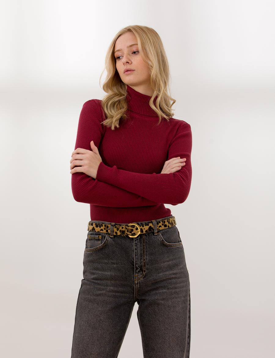 Bordo Slim Fit Basic Balıkçı Yaka Kazak