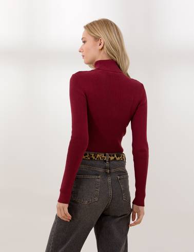 Bordo Slim Fit Basic Balıkçı Yaka Kazak