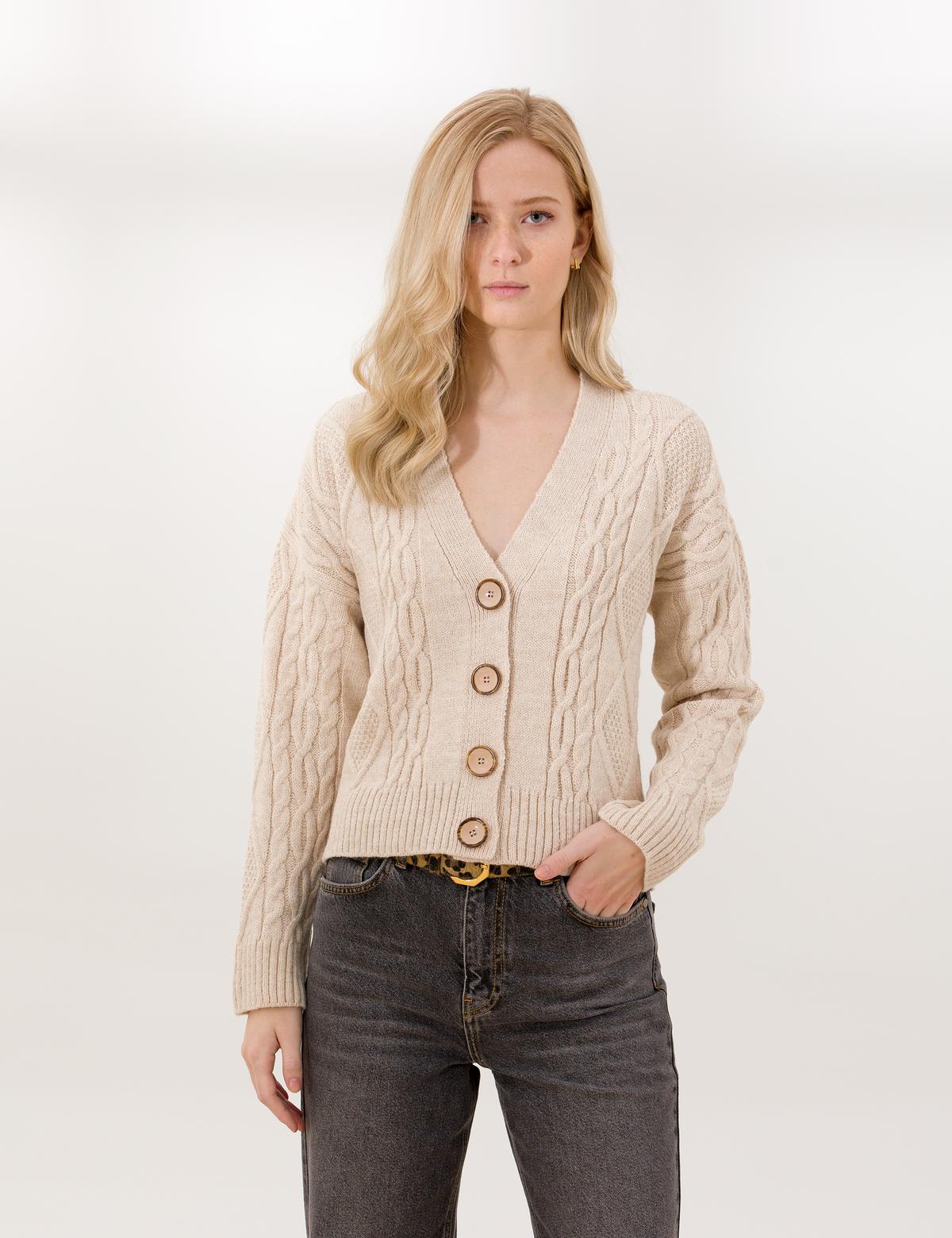 Bej Crop Top Triko Hırka - 50257228039