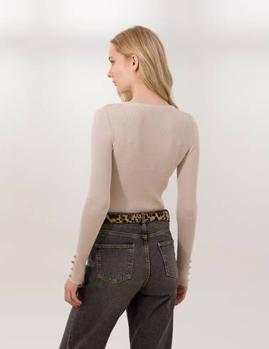Krem Melanj SlimFit Bisiklet Yaka Basic Kazak