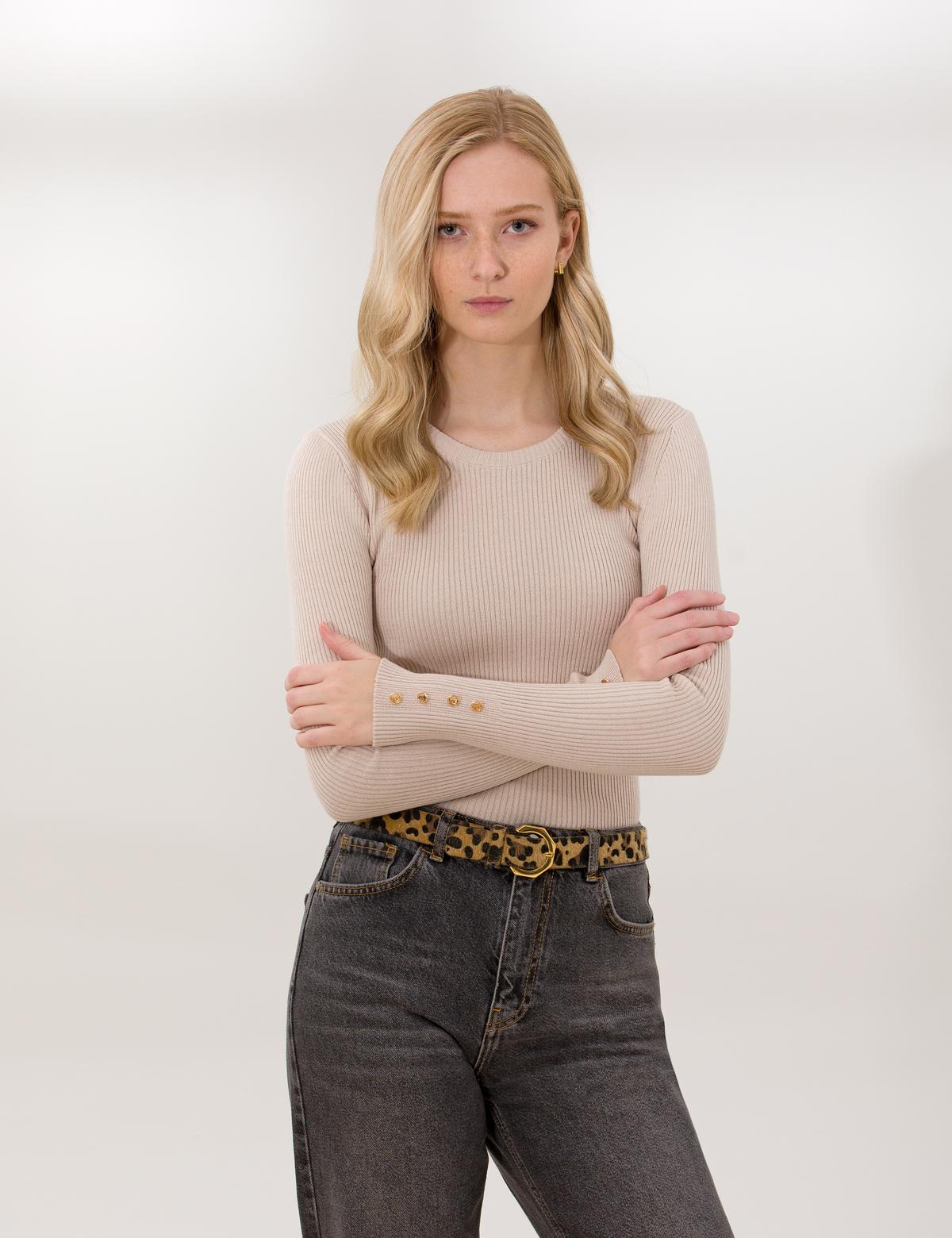 Krem Melanj SlimFit Bisiklet Yaka Basic Kazak - 50257264064