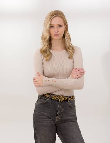 Krem Melanj SlimFit Bisiklet Yaka Basic Kazak