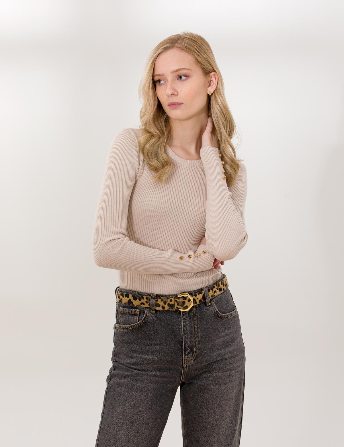 Krem Melanj SlimFit Bisiklet Yaka Basic Kazak - 50257264064