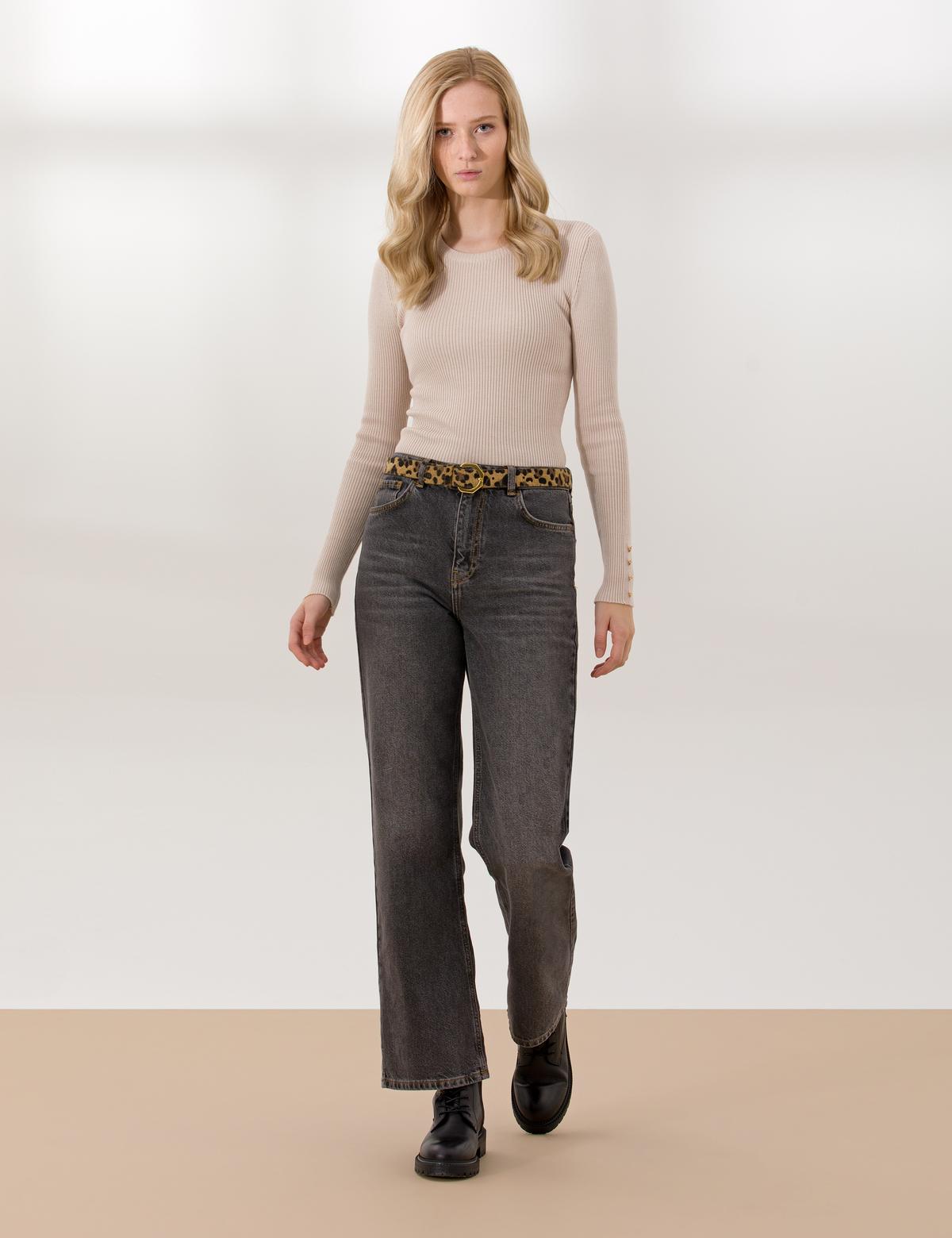 Krem Melanj SlimFit Bisiklet Yaka Basic Kazak - 50257264064