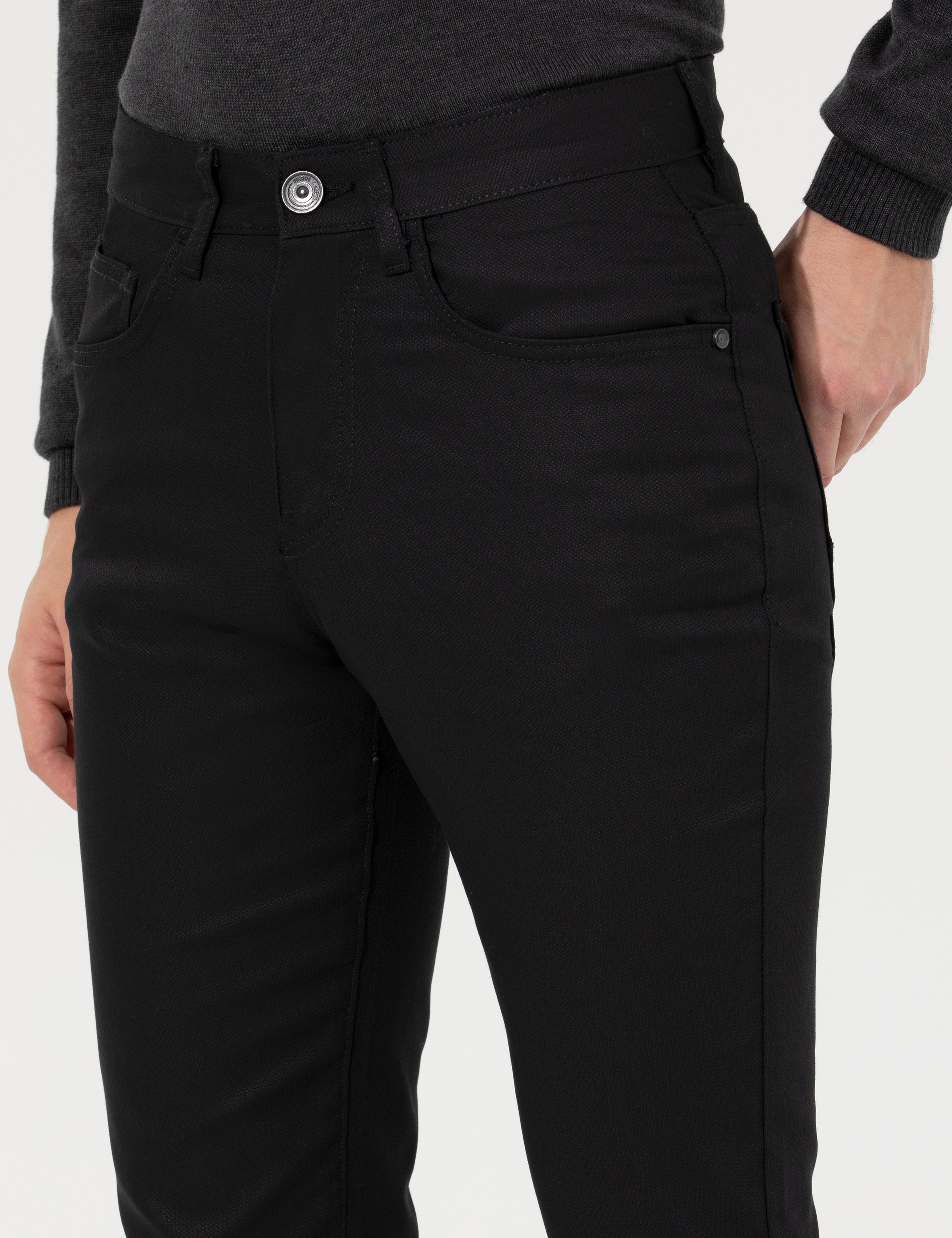Siyah Slim Fit Kanvas Pantolon - Image 6