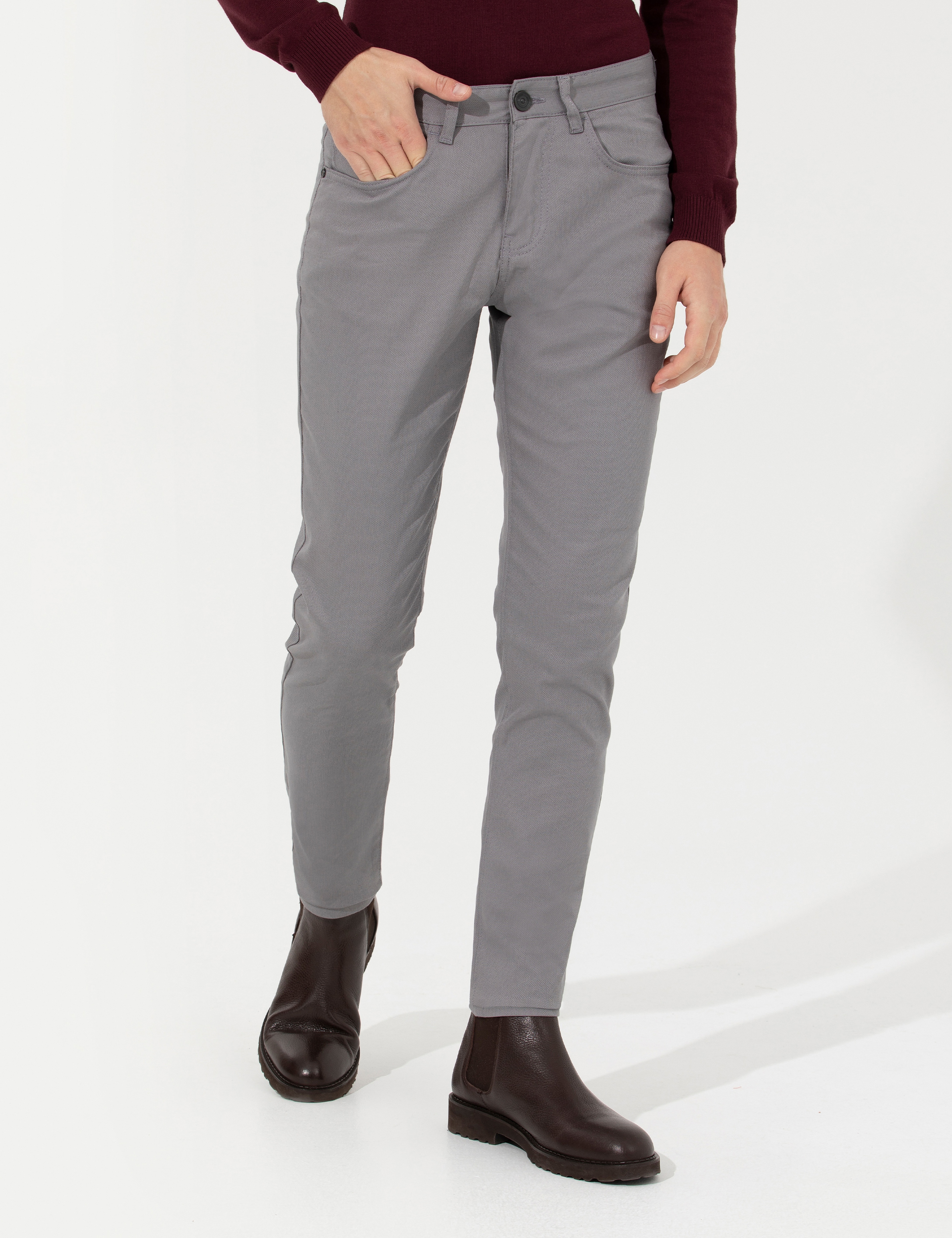Gri Slim Fit Kanvas Pantolon - Image 2