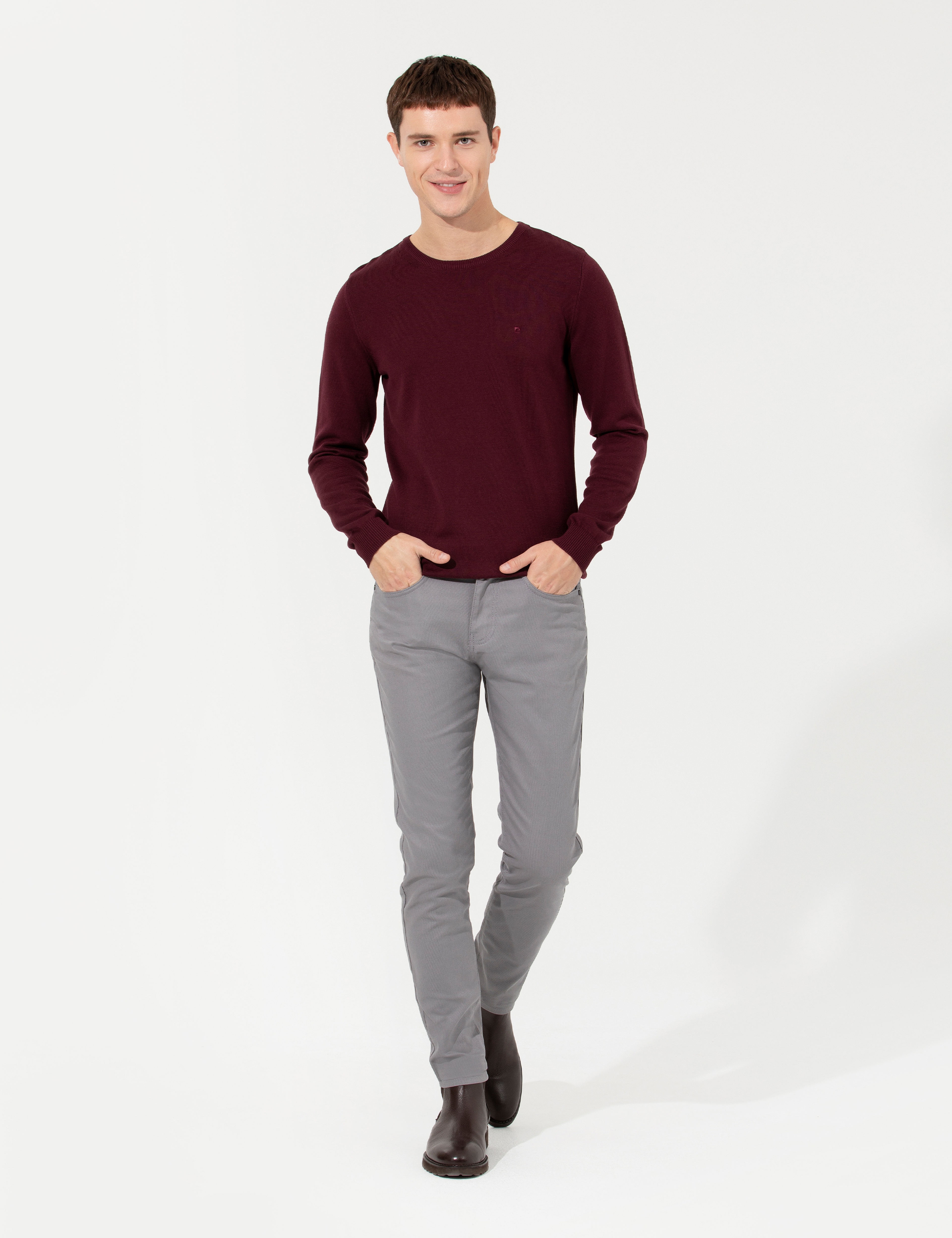 Gri Slim Fit Kanvas Pantolon - Image 1