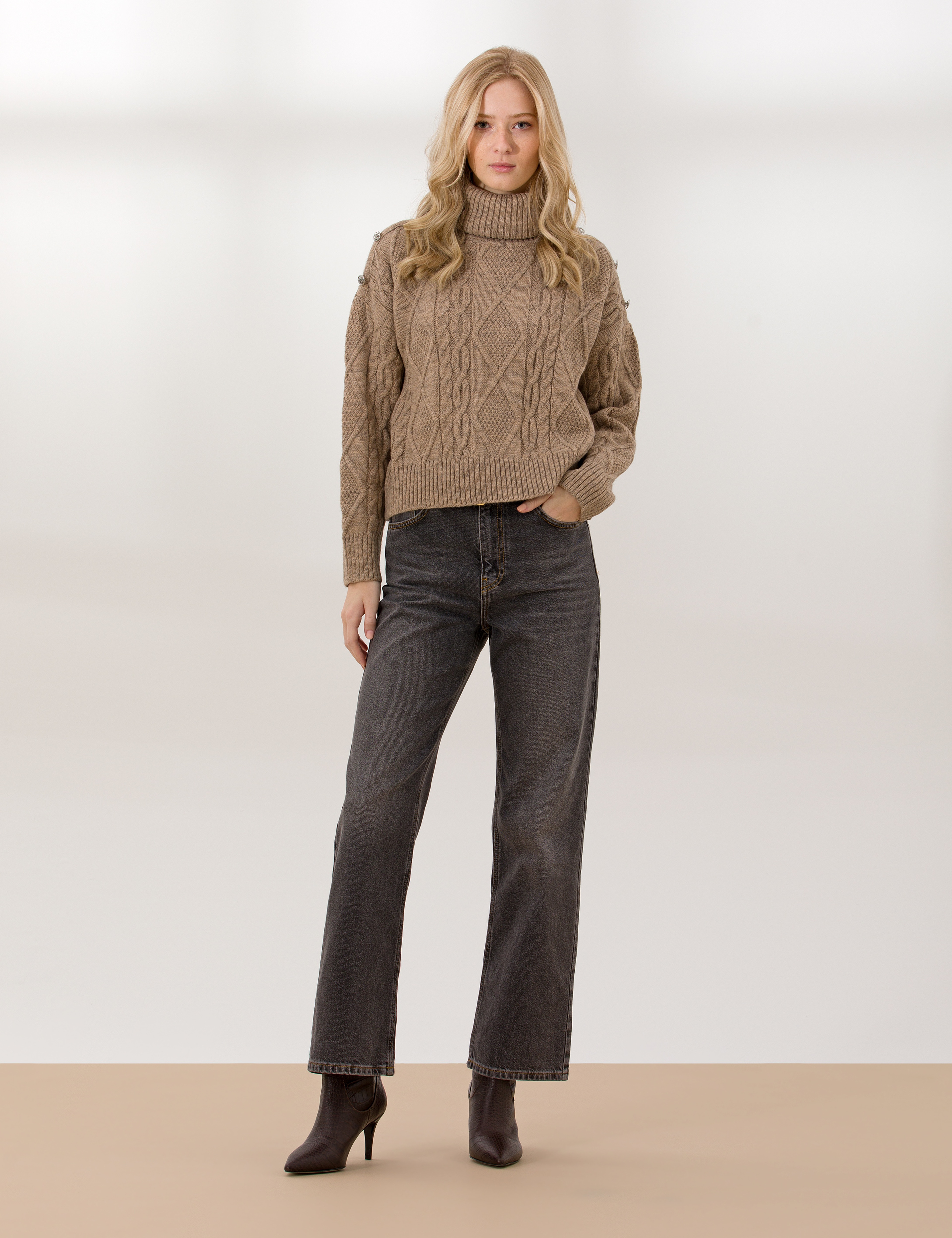 Vizon Crop Top Balıkçı Yaka Kazak - Image 2