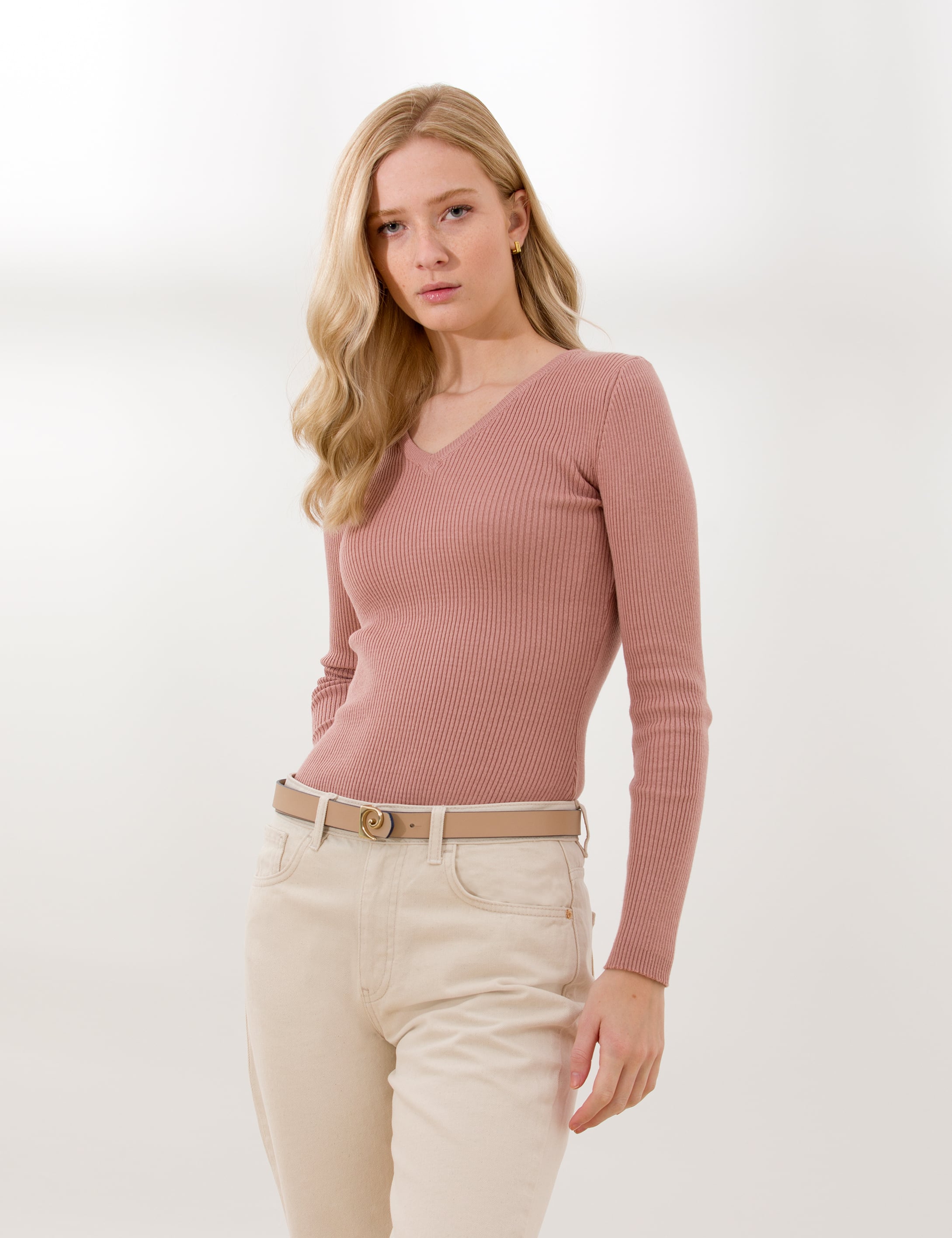Pudra Slim Fit V Yaka Basic Kazak