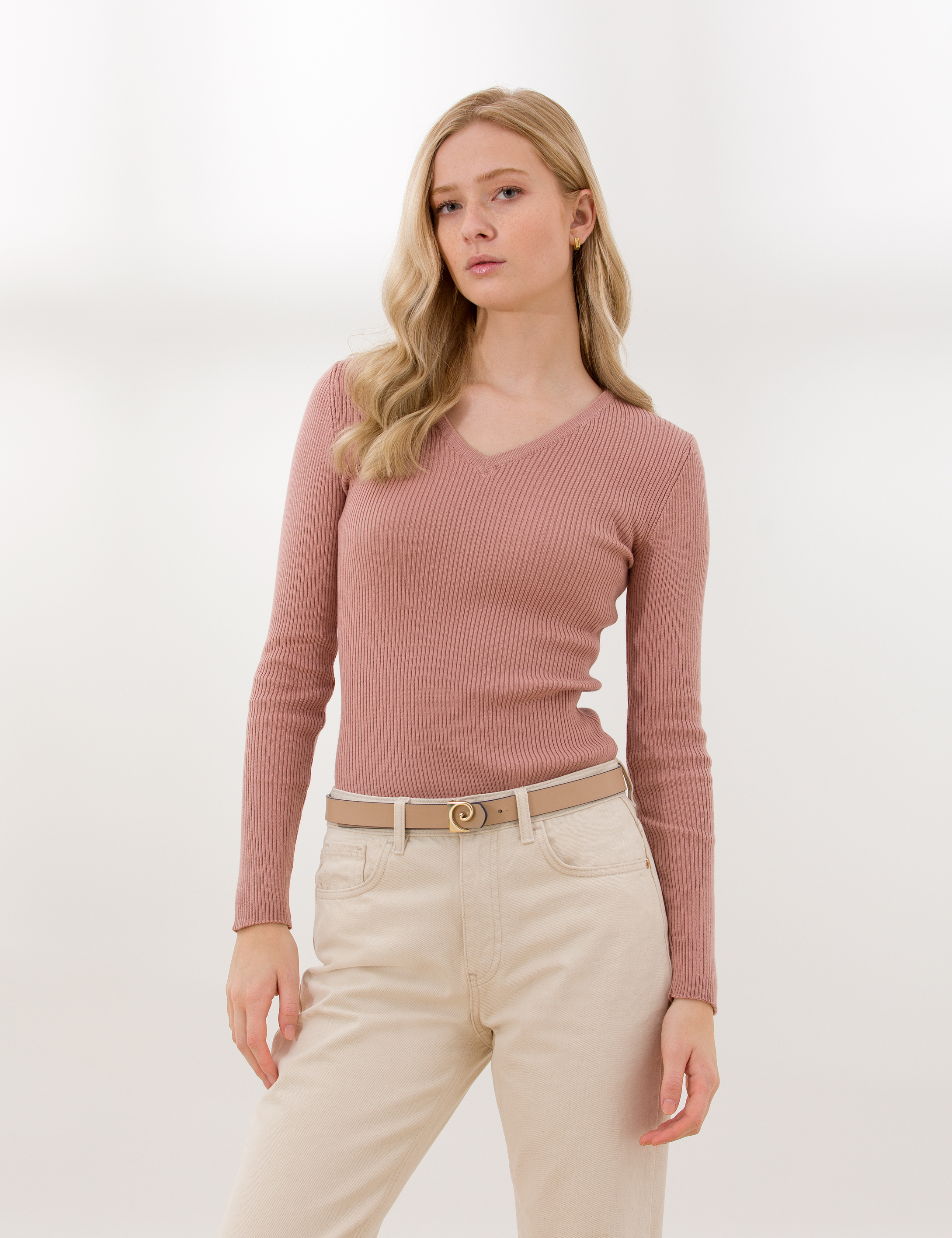 Pudra Slim Fit V Yaka Basic Kazak - Image 1