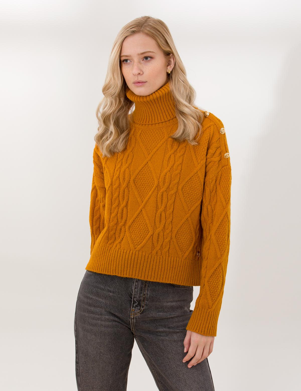 Hardal Crop Top Balıkçı Yaka Kazak