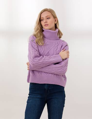 Lila Crop Top Balıkçı Yaka Kazak