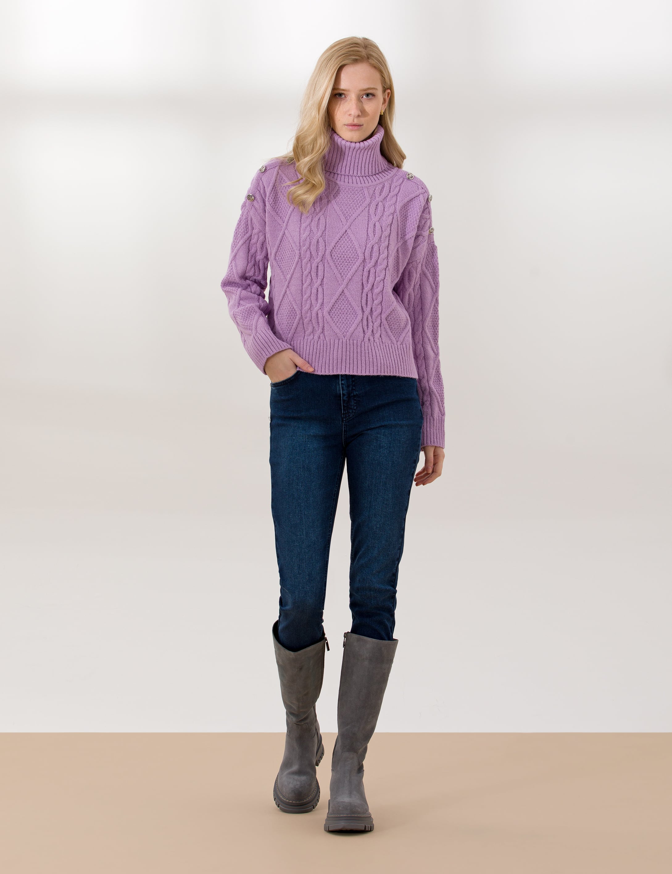 Lila Crop Top Balıkçı Yaka Kazak