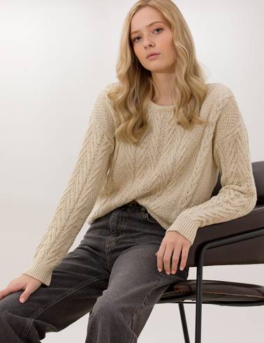 Krem Comfort Fit Bisiklet Yaka Kazak