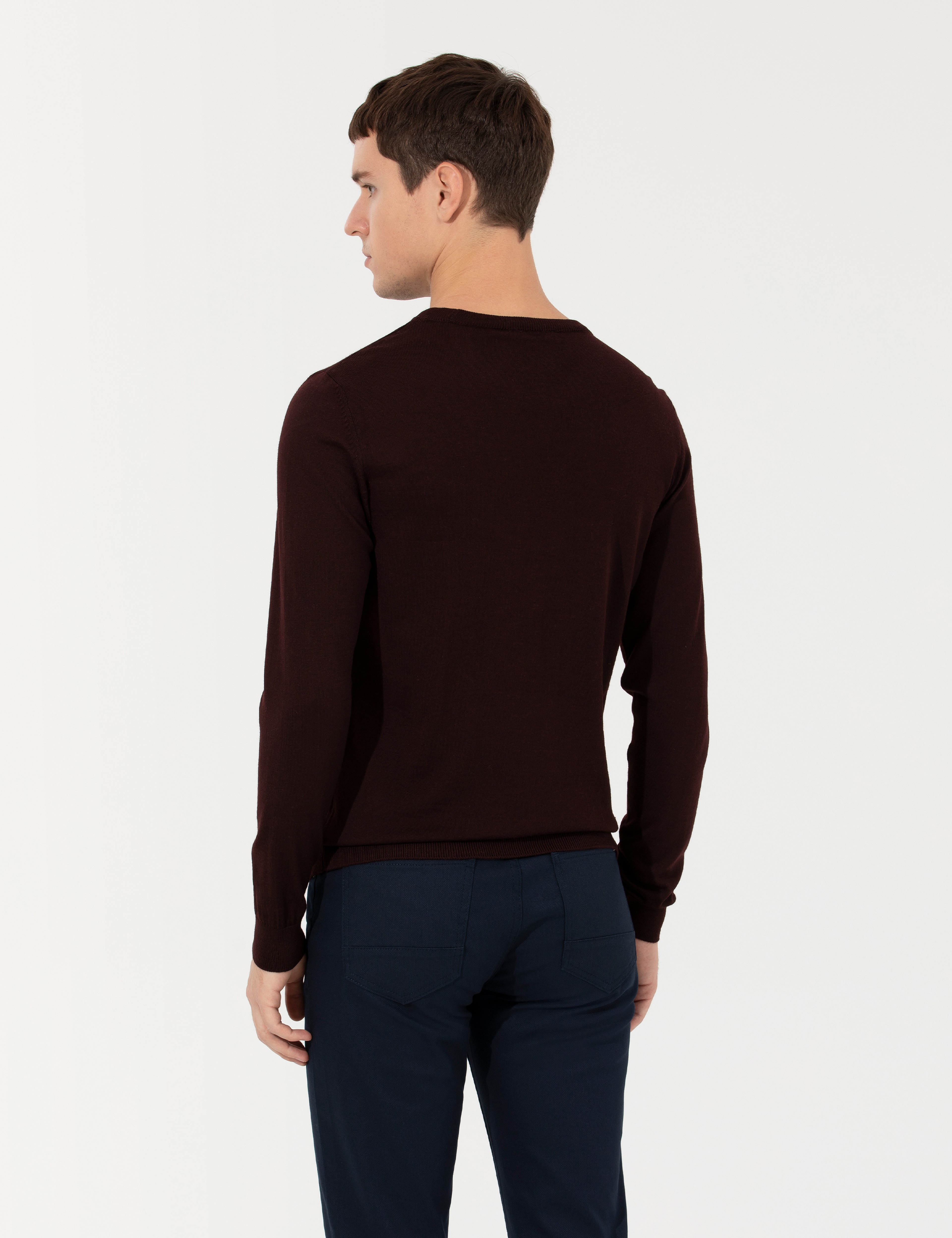 Bordo Regular Fit Bisiklet Yaka Yün Karışımlı Basic Triko Kazak - Image 5