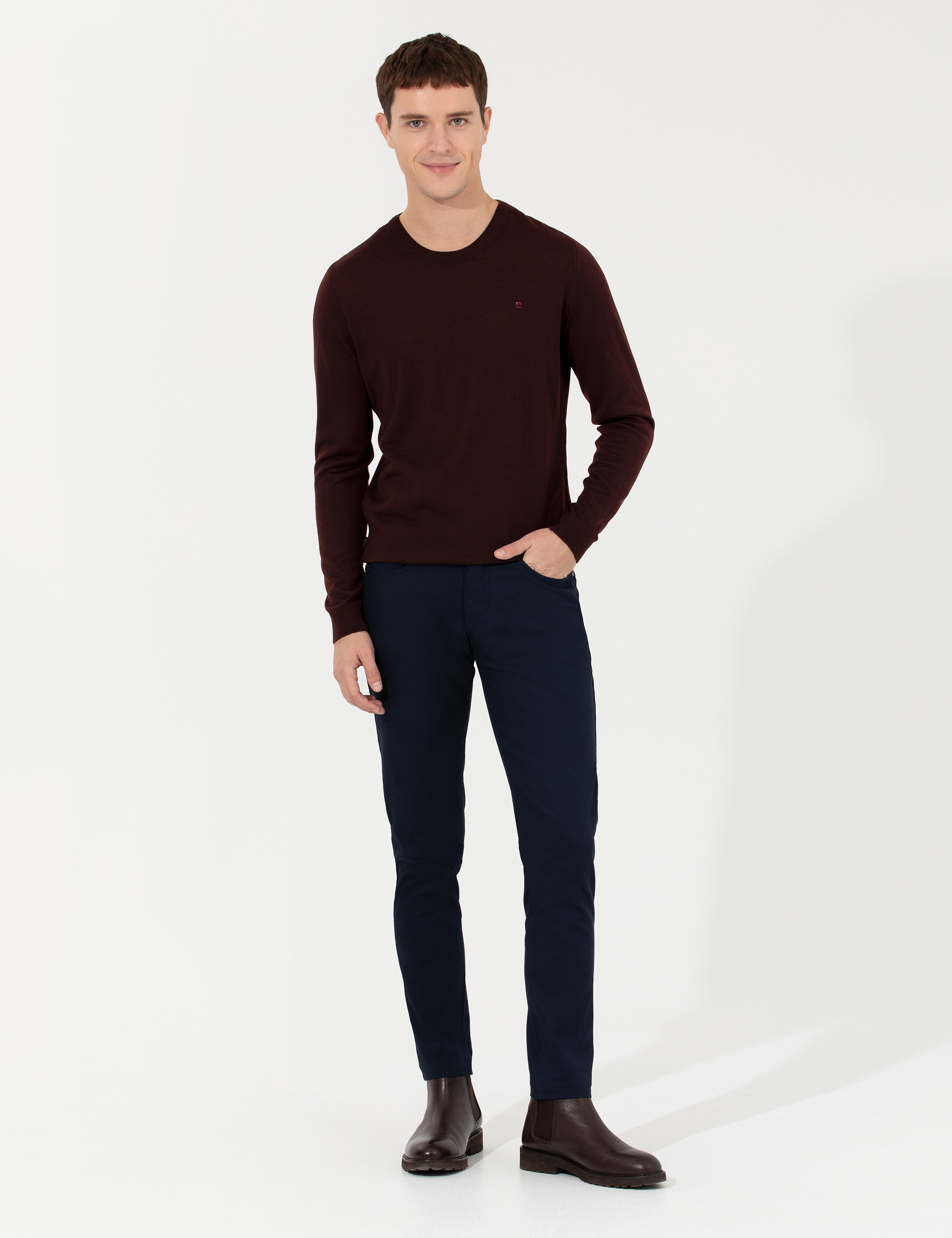 Bordo Regular Fit Bisiklet Yaka Yün Karışımlı Basic Triko Kazak - Image 3