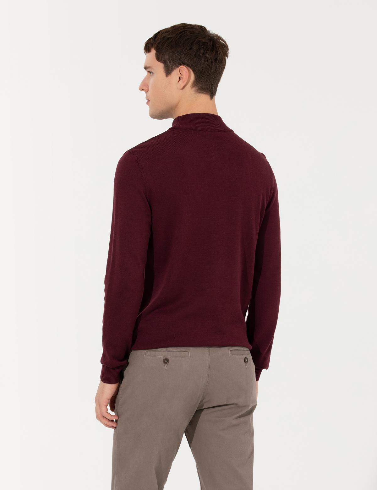 Bordo Slim Fit Yarım Balıkçı Yaka Basic Triko Kazak - 50237780034