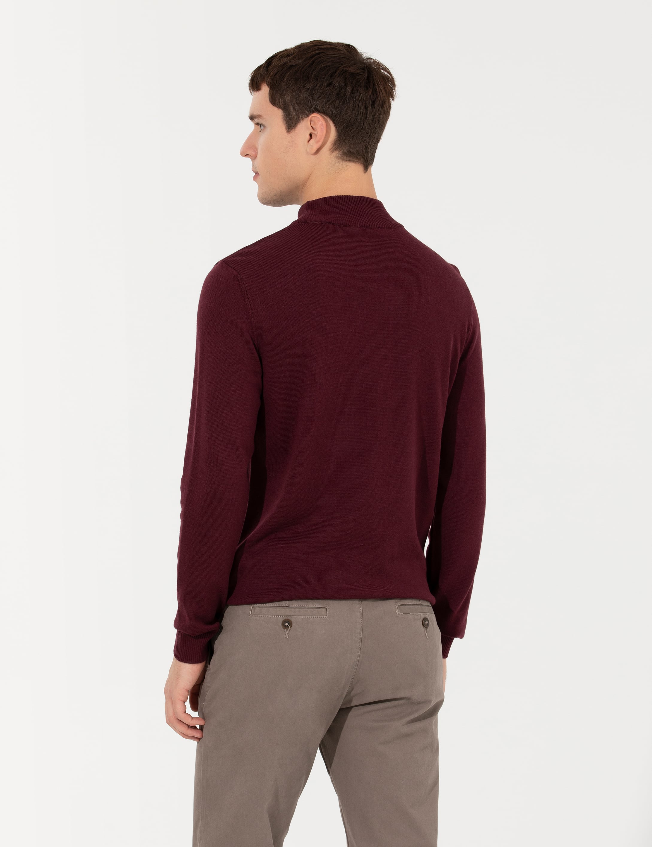Bordo Slim Fit Yarım Balıkçı Yaka Basic Triko Kazak - Image 5