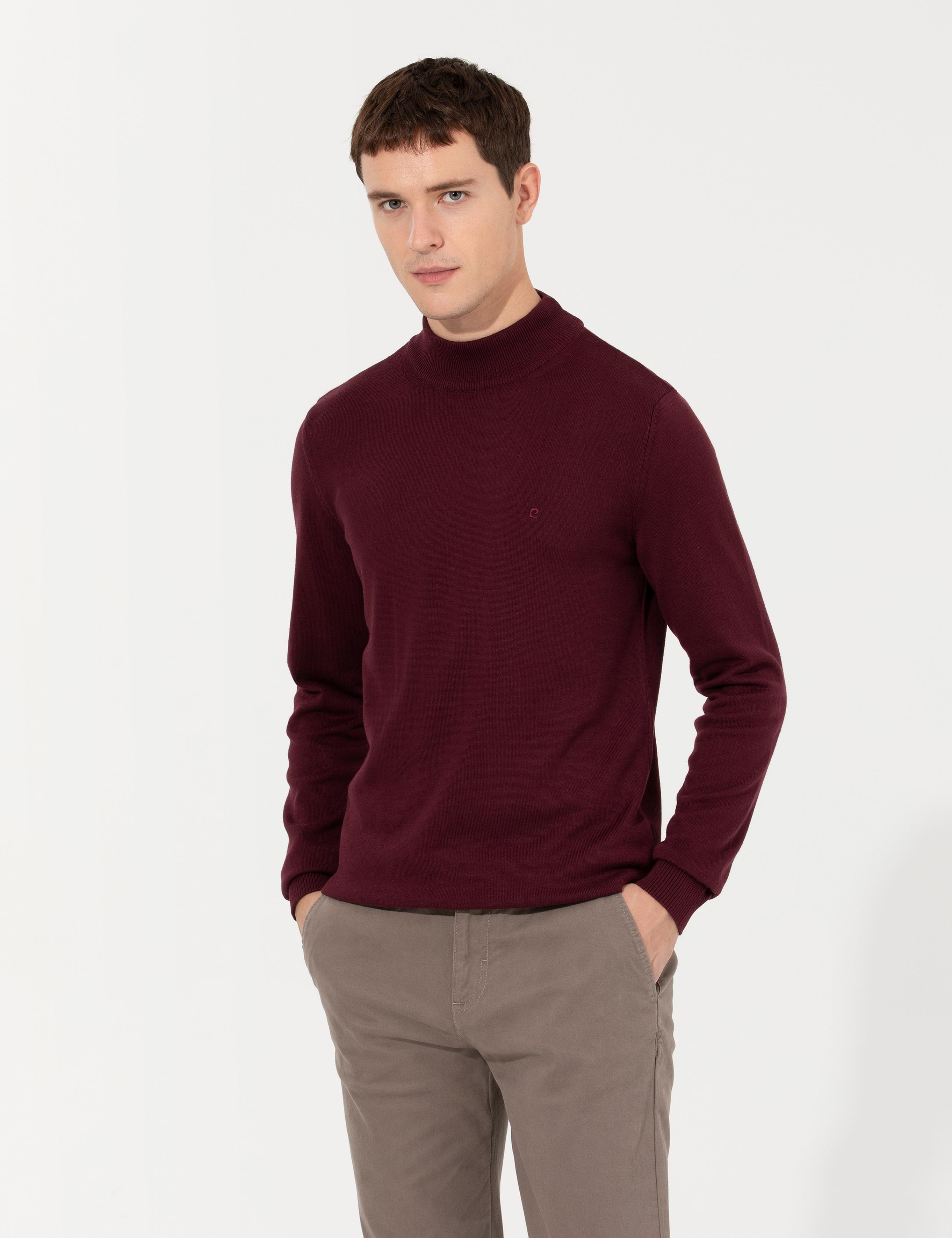 Bordo Slim Fit Yarım Balıkçı Yaka Basic Triko Kazak