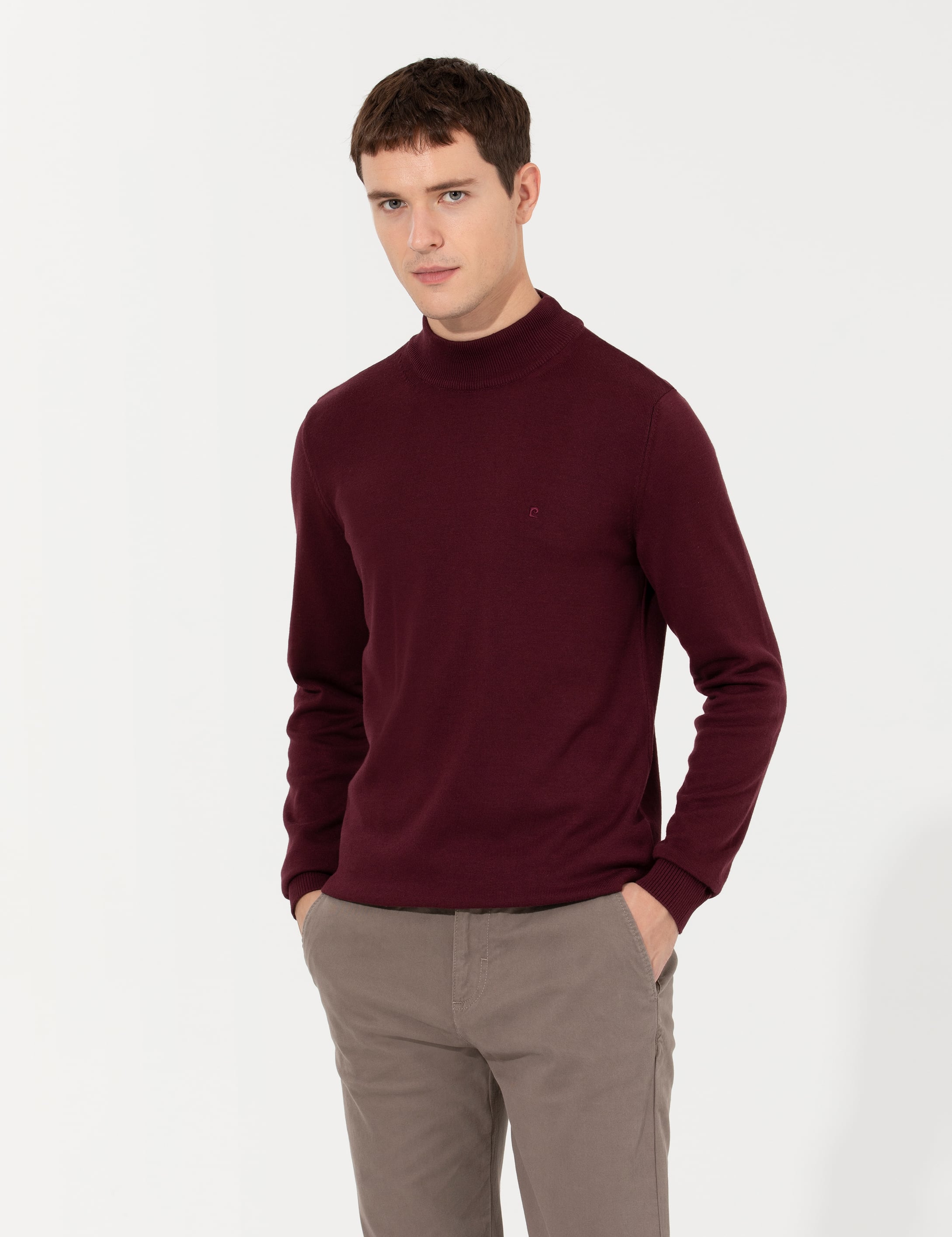 Bordo Slim Fit Yarım Balıkçı Yaka Basic Triko Kazak - Image 3