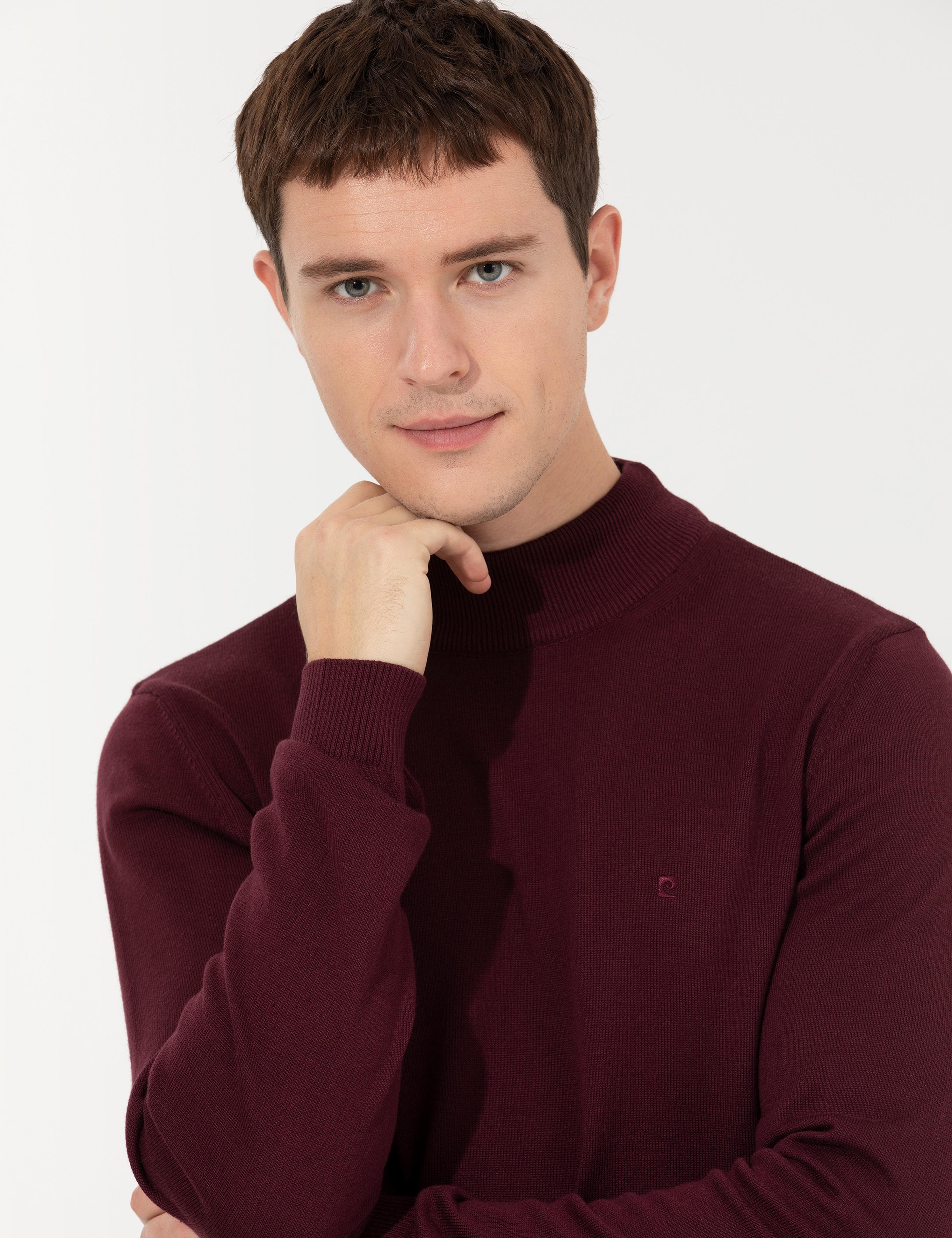 Bordo Slim Fit Yarım Balıkçı Yaka Basic Triko Kazak