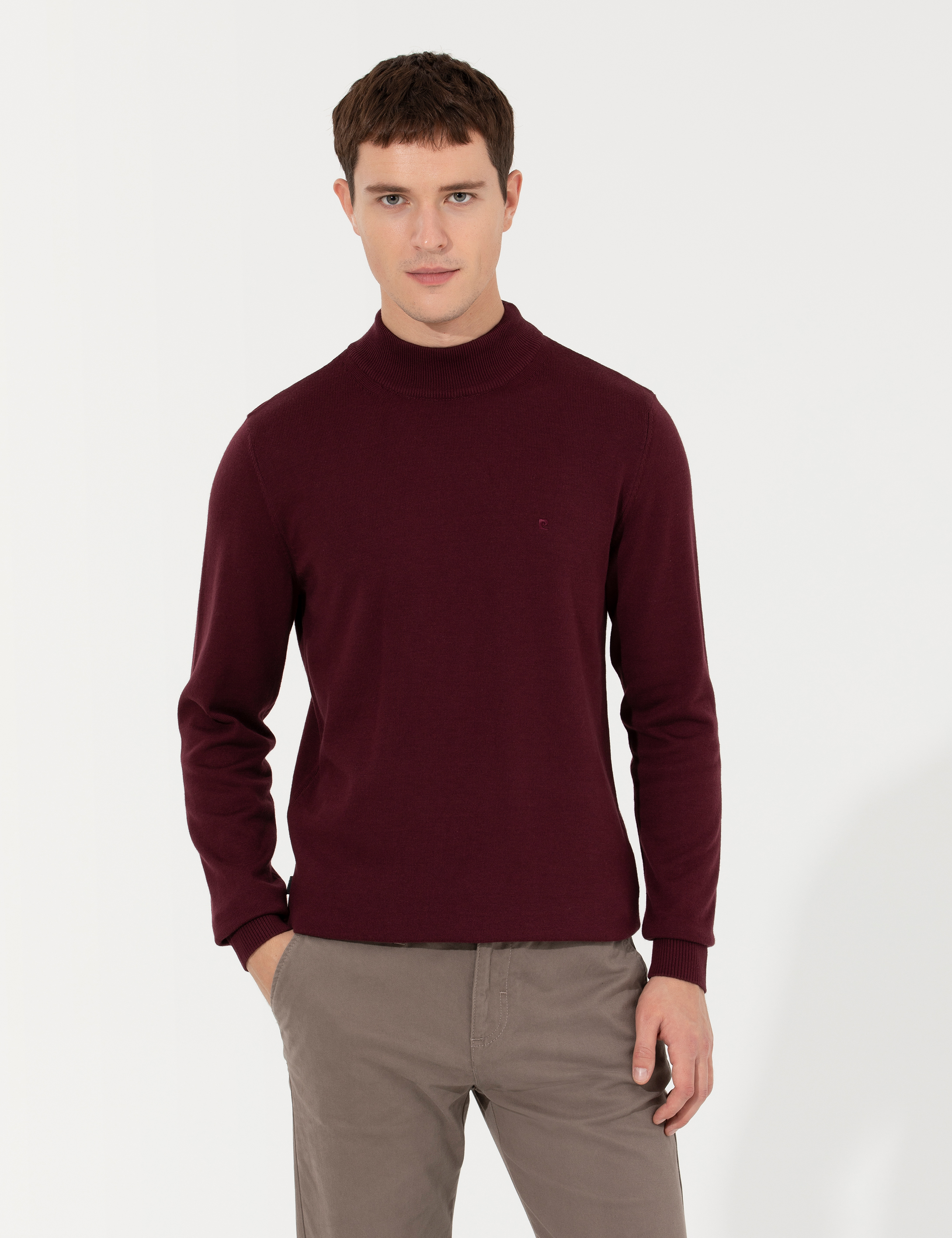 Bordo Slim Fit Yarım Balıkçı Yaka Basic Triko Kazak - Image 2