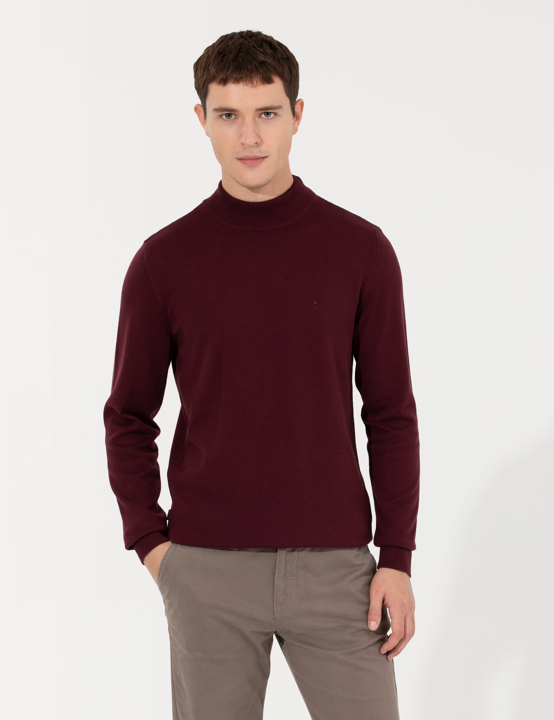 Bordo Slim Fit Yarım Balıkçı Yaka Basic Triko Kazak