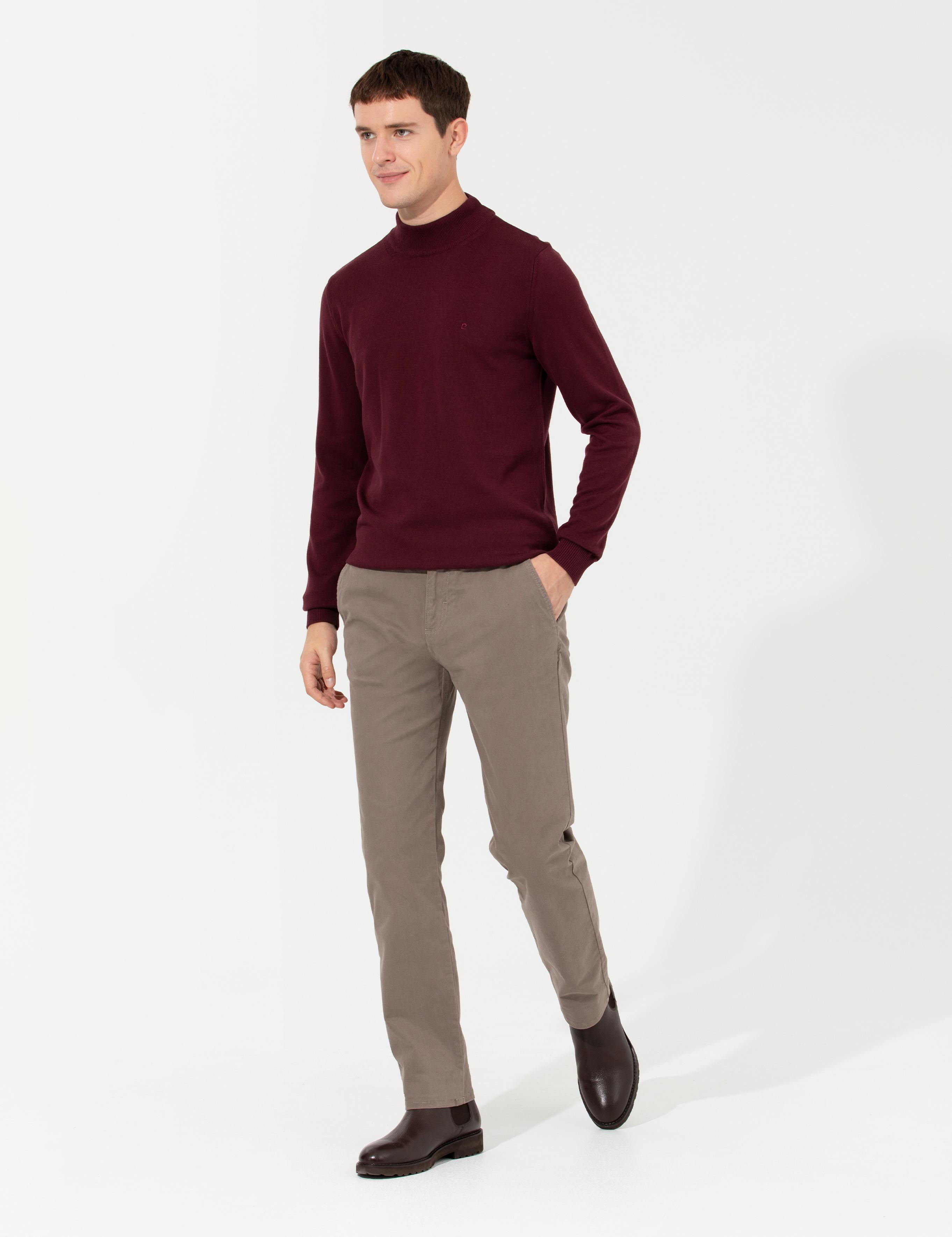 Bordo Slim Fit Yarım Balıkçı Yaka Basic Triko Kazak